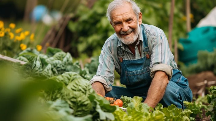 An older man in overalls smiles while tending vegetables in a garden.
