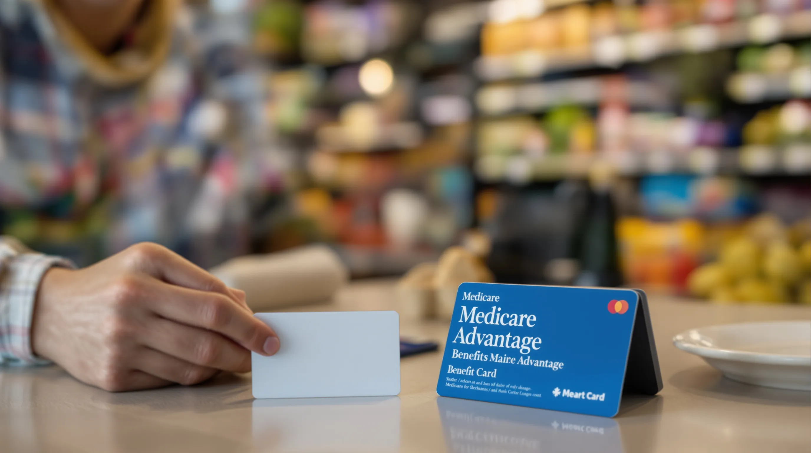 Medicare grocery benefit card next to a phone showing a curbside pickup order confirmation