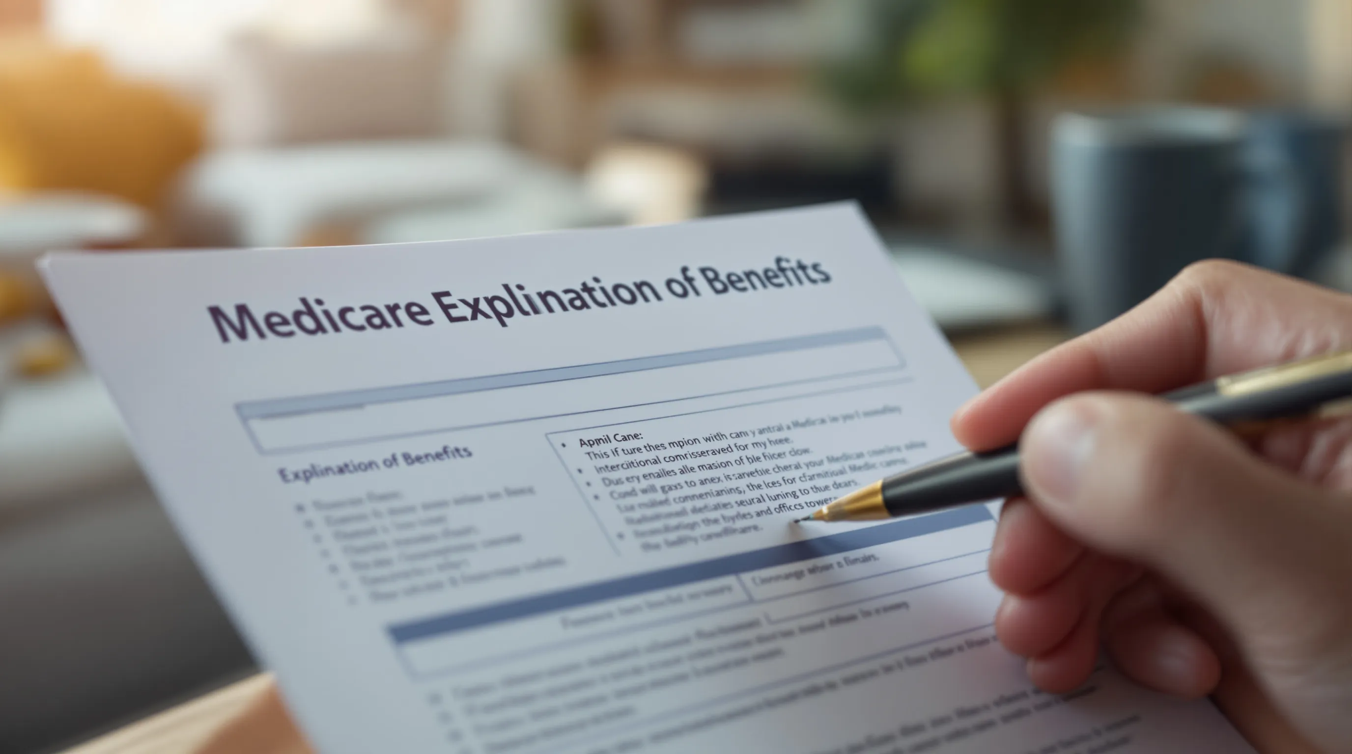 Close-up of a Medicare Explanation of Benefits document being reviewed, pen in hand, soft focus background of a home office setting, photorealistic