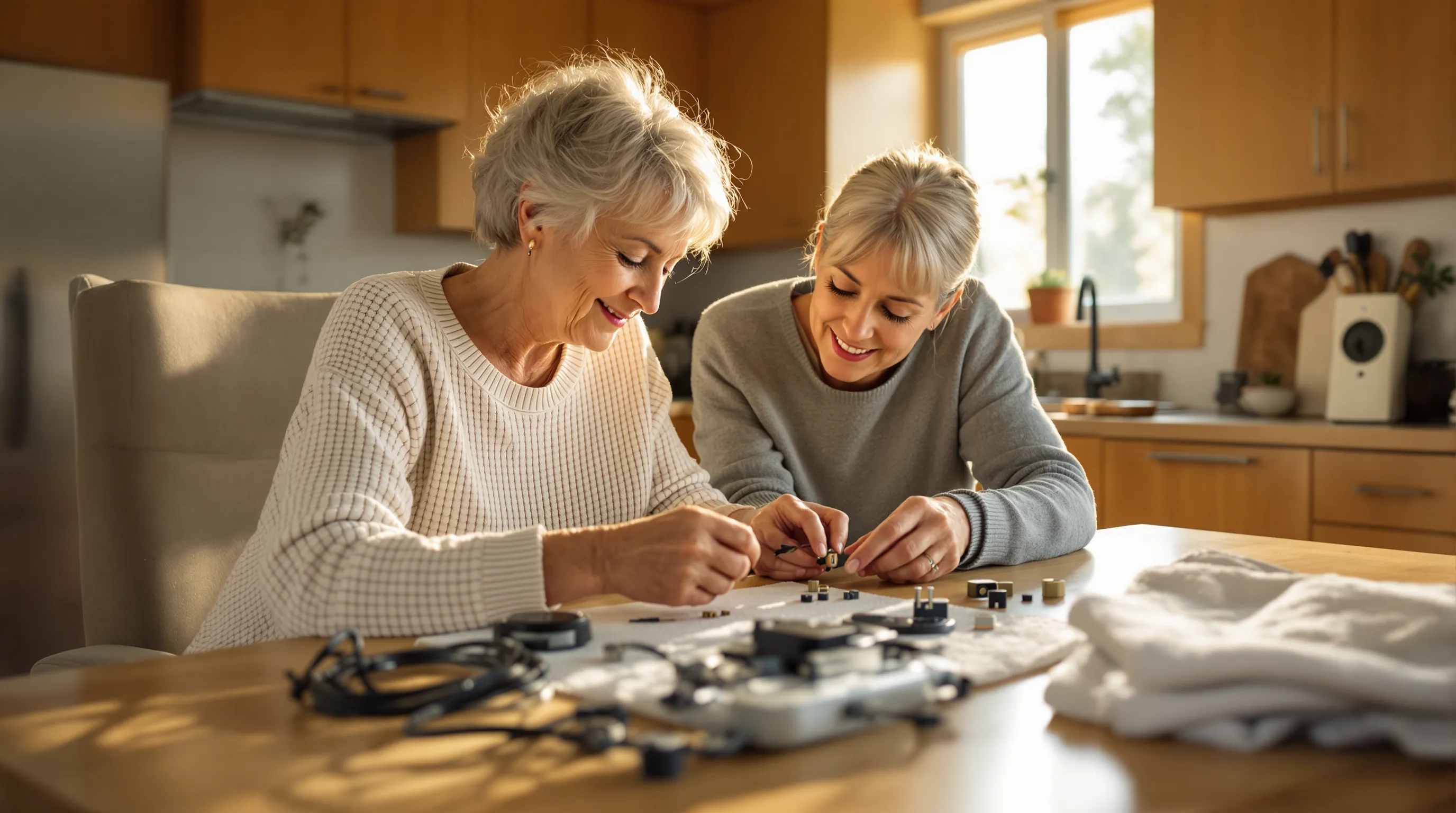 Photorealistic photo of an older woman and her adult daughter seated at a sunlit kitchen table, leaning together over a compact electric lift chair motor and its hand control, sorting small parts, a coiled cable and a