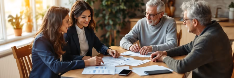 Patient advocate reviewing care paperwork with older adults