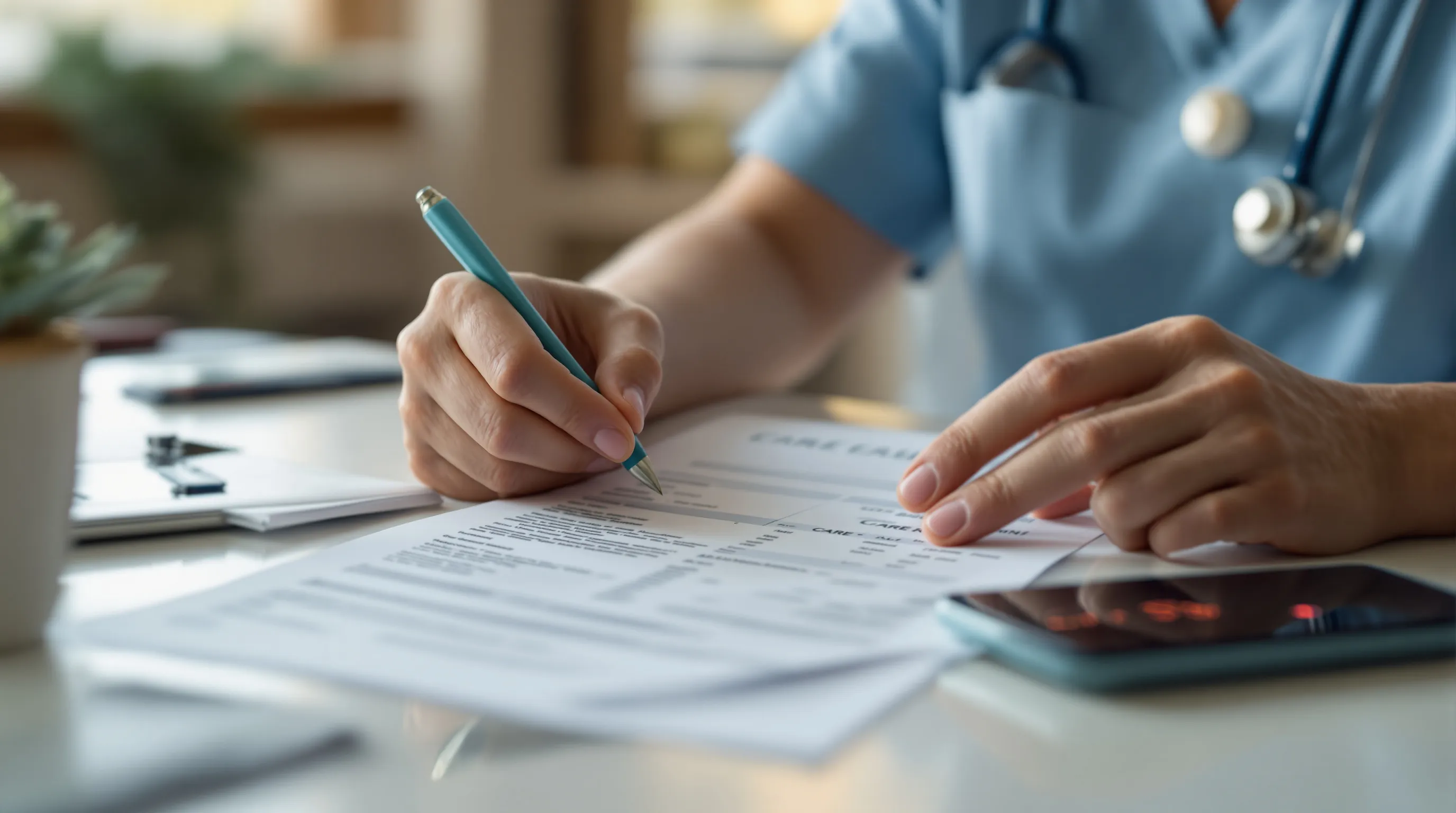 A nurse reviews a printed care plan and billing statement on a clinic desk