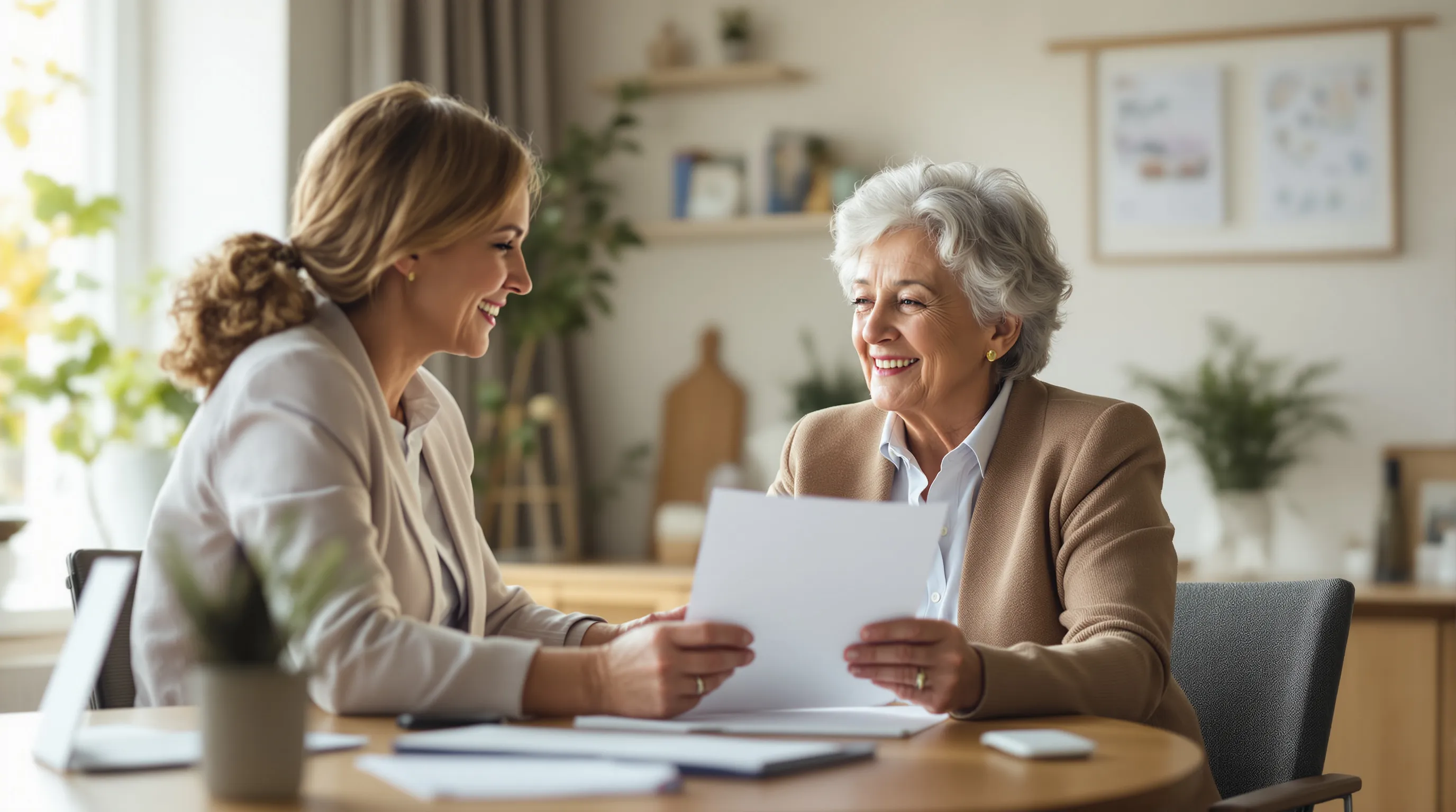 Medicare counselor at a Wisconsin county agency explaining benefits to a senior woman