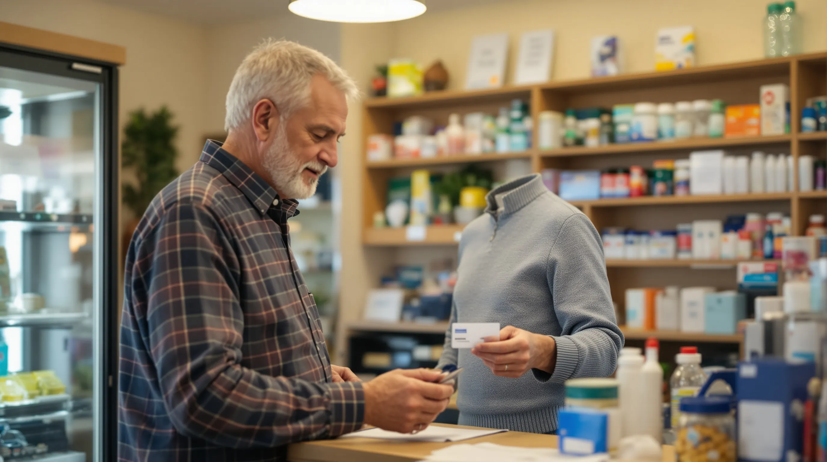 Senior man presents Medicare card and prescription at a New Jersey pharmacy counter