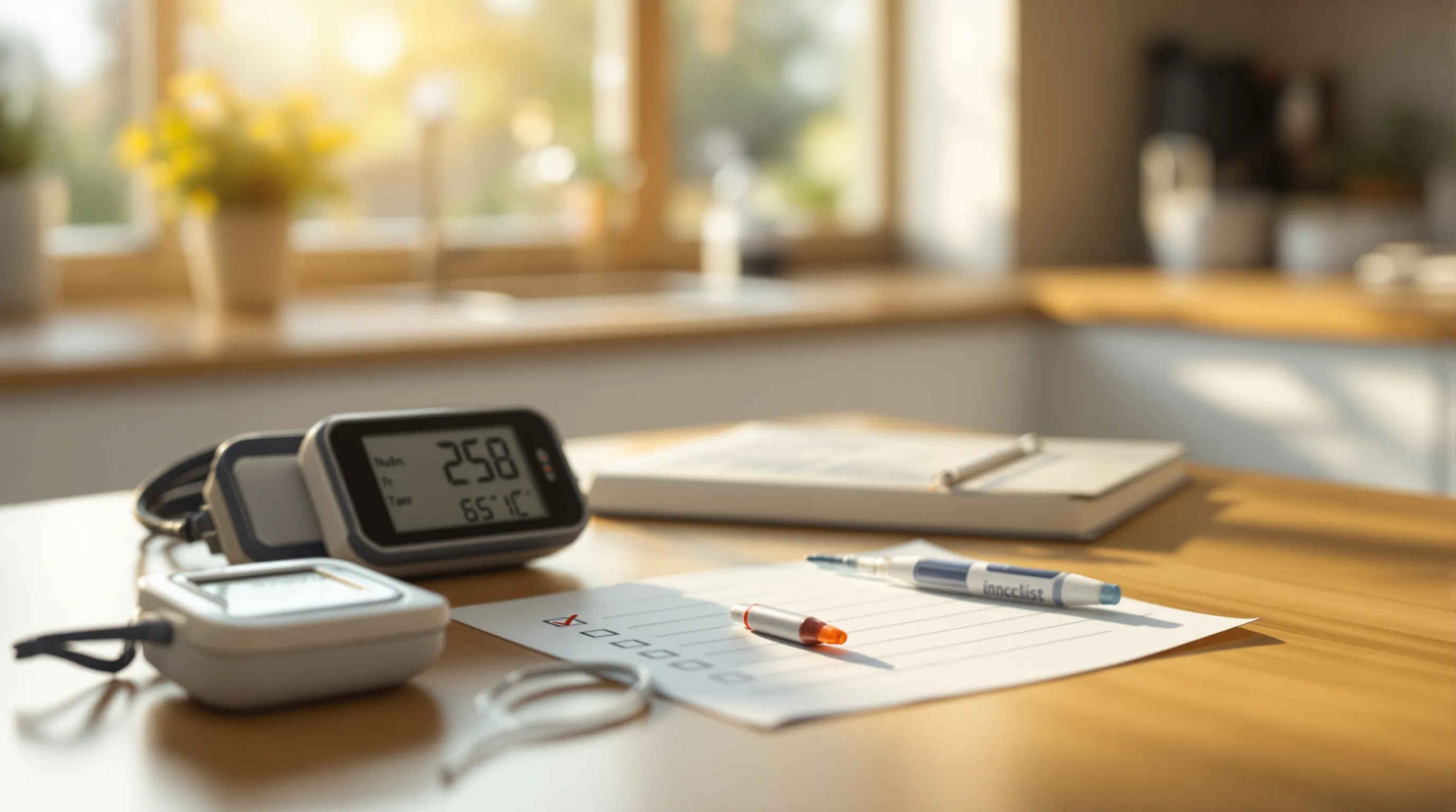 Home caregiver training materials including a medical checklist, insulin pen, blood pressure cuff, and training notebook on a kitchen table