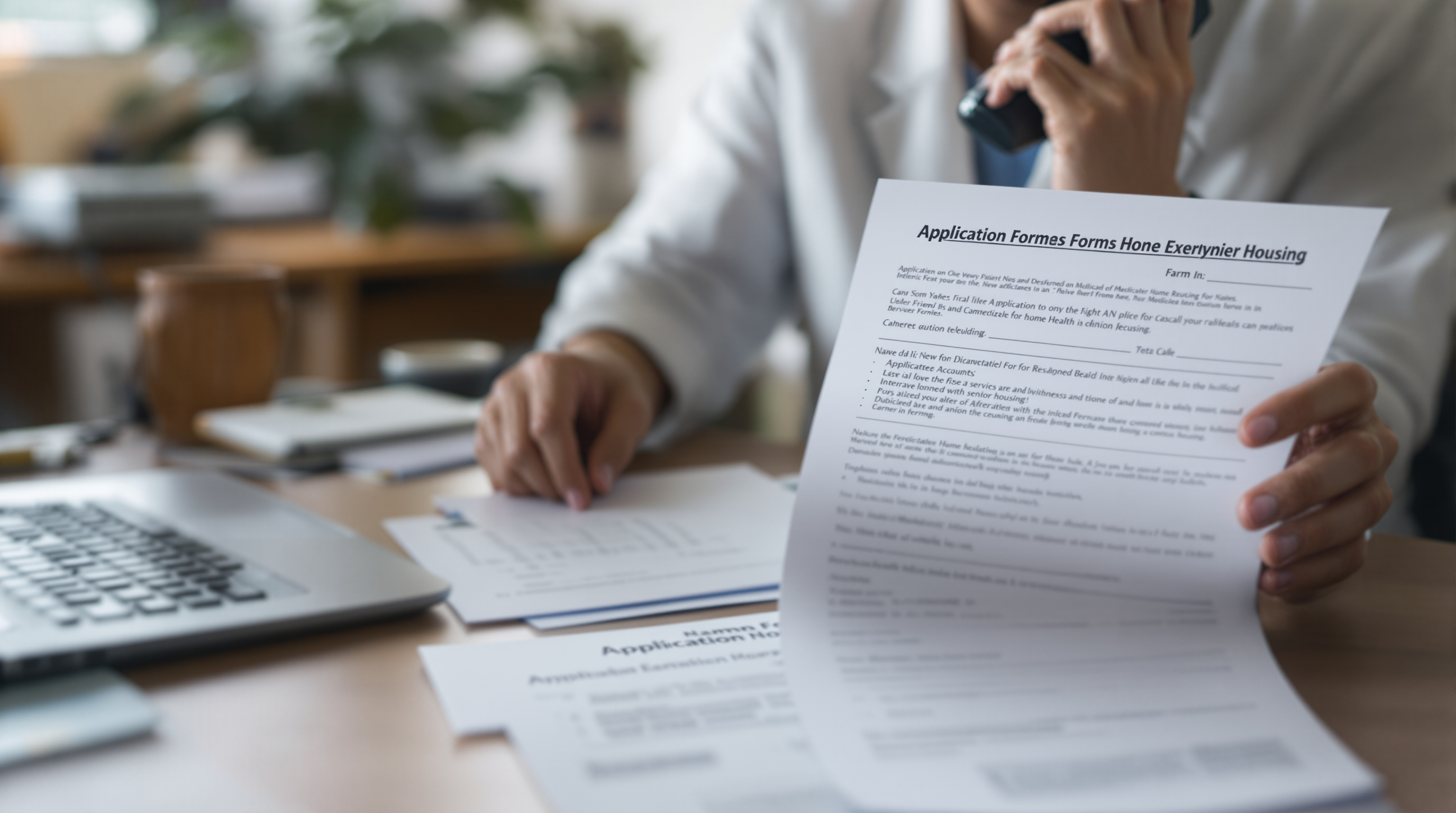 A patient advocate coordinating Medicare home health and subsidized housing applications simultaneously from a professional office desk.