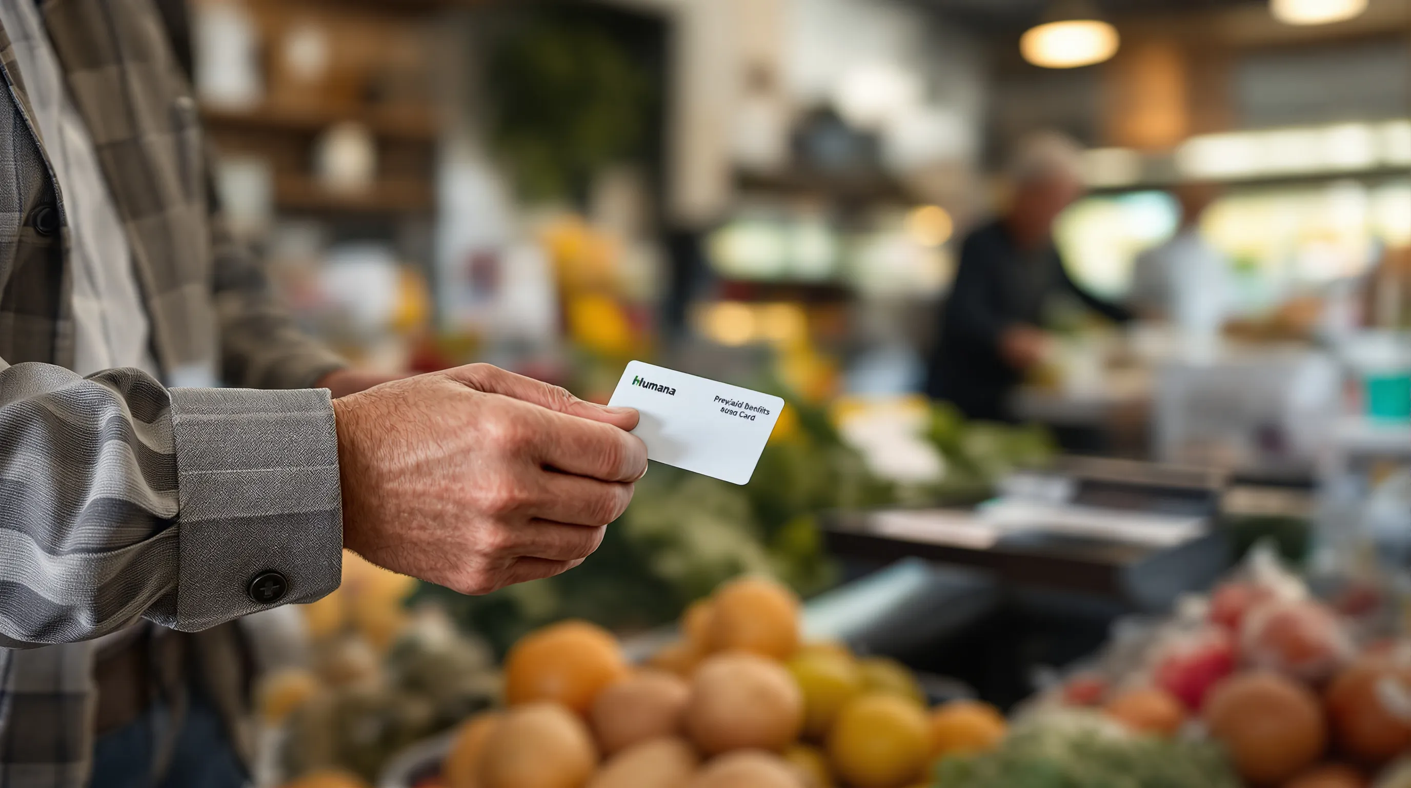 Senior using a Medicare Advantage food benefits card at a grocery store checkout