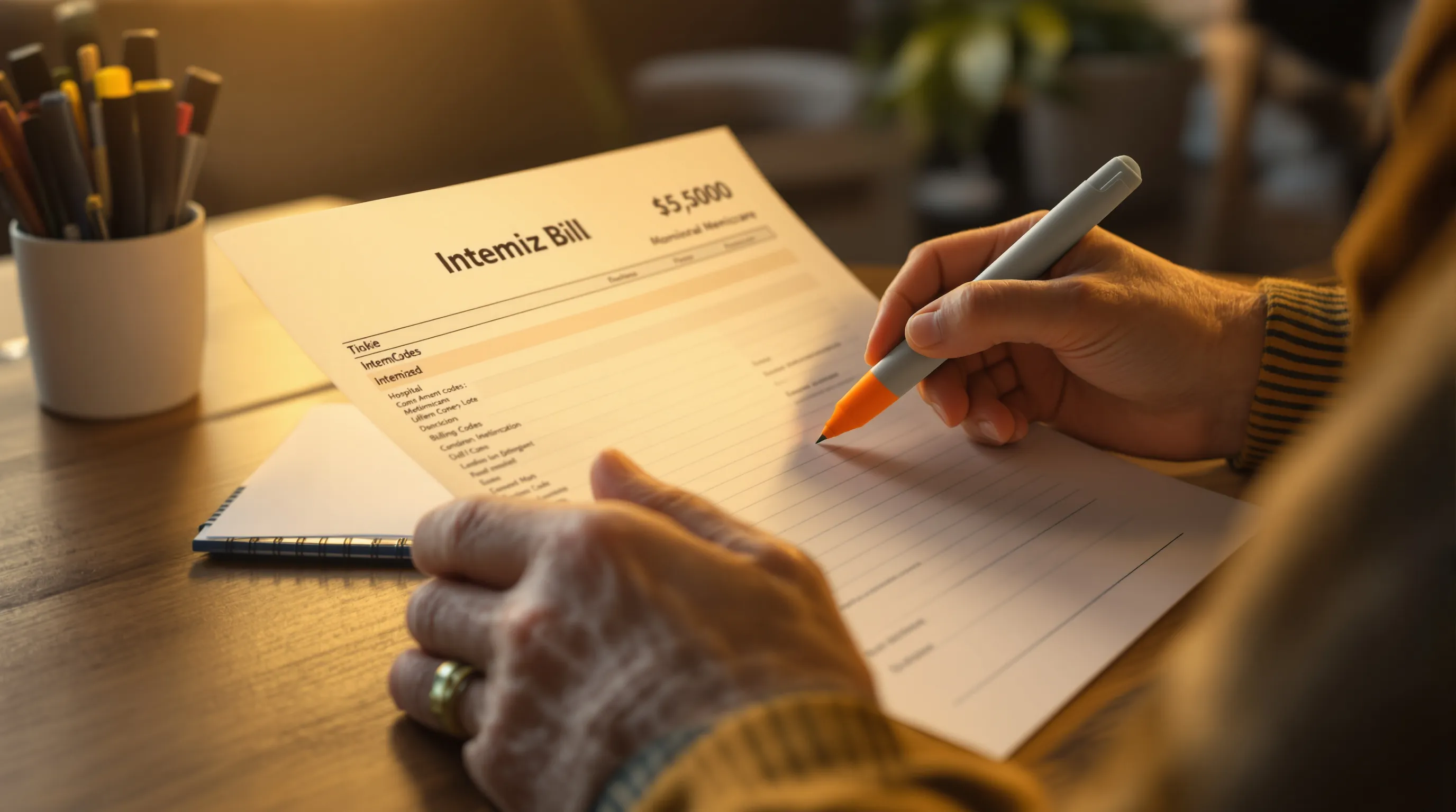 Medicare patient reviewing an itemized hospital bill to find billing errors and apply for financial assistance