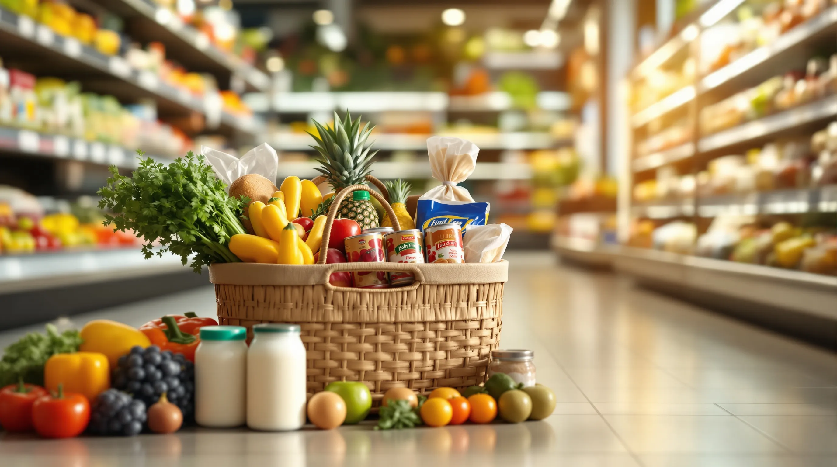 Grocery basket filled with Medicare Advantage grocery card approved items including fresh produce, whole grains, and lean proteins