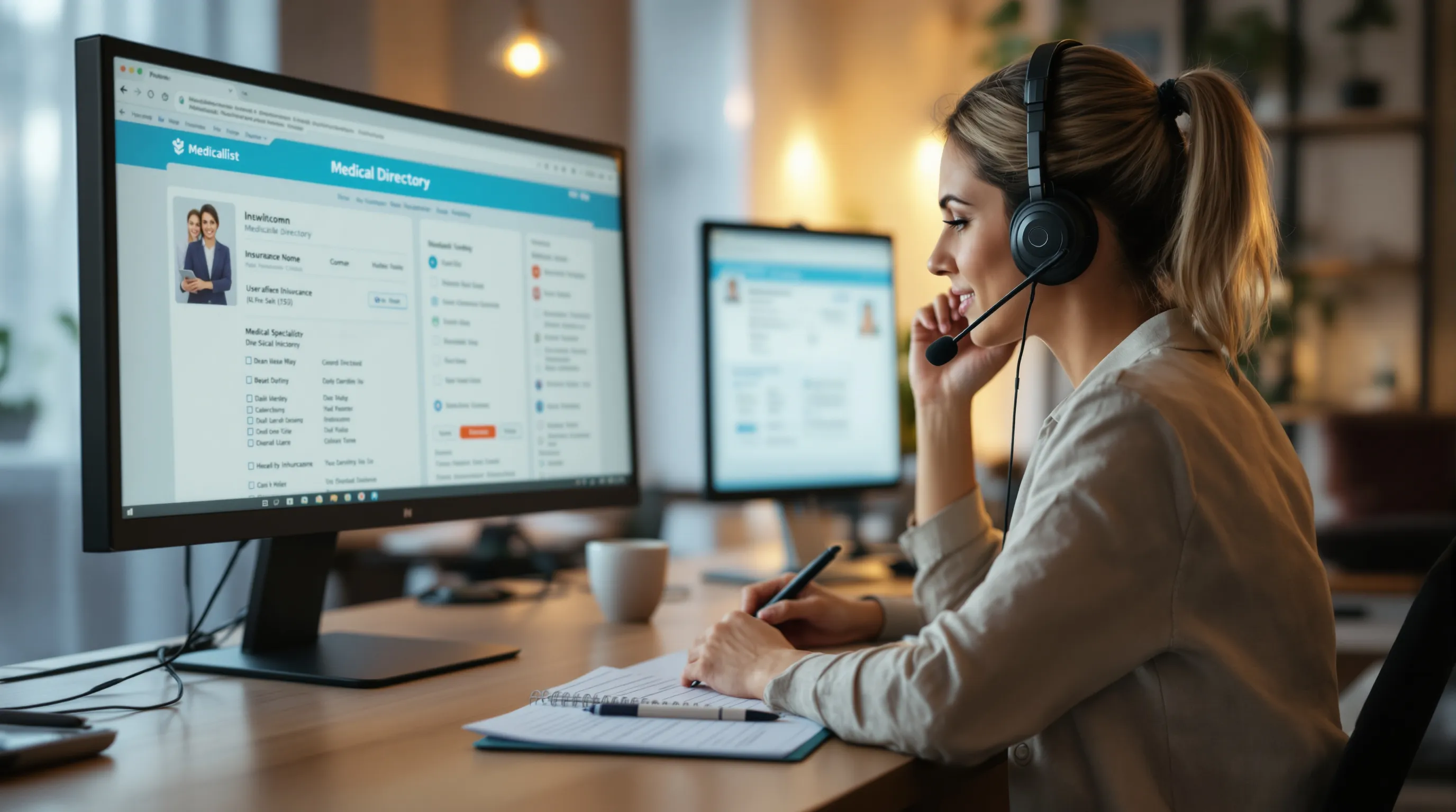 A patient advocate cross-references specialist credentials and insurance network status while coordinating a referral by phone