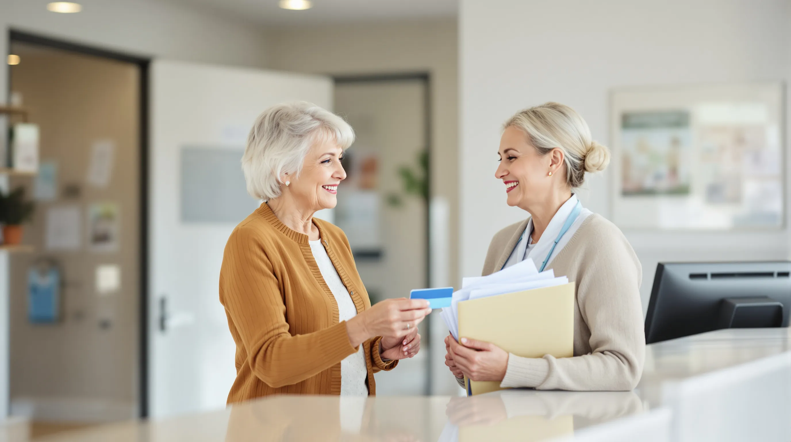 Older woman and her daughter checking in at an outpatient endoscopy center front desk with an insurance card