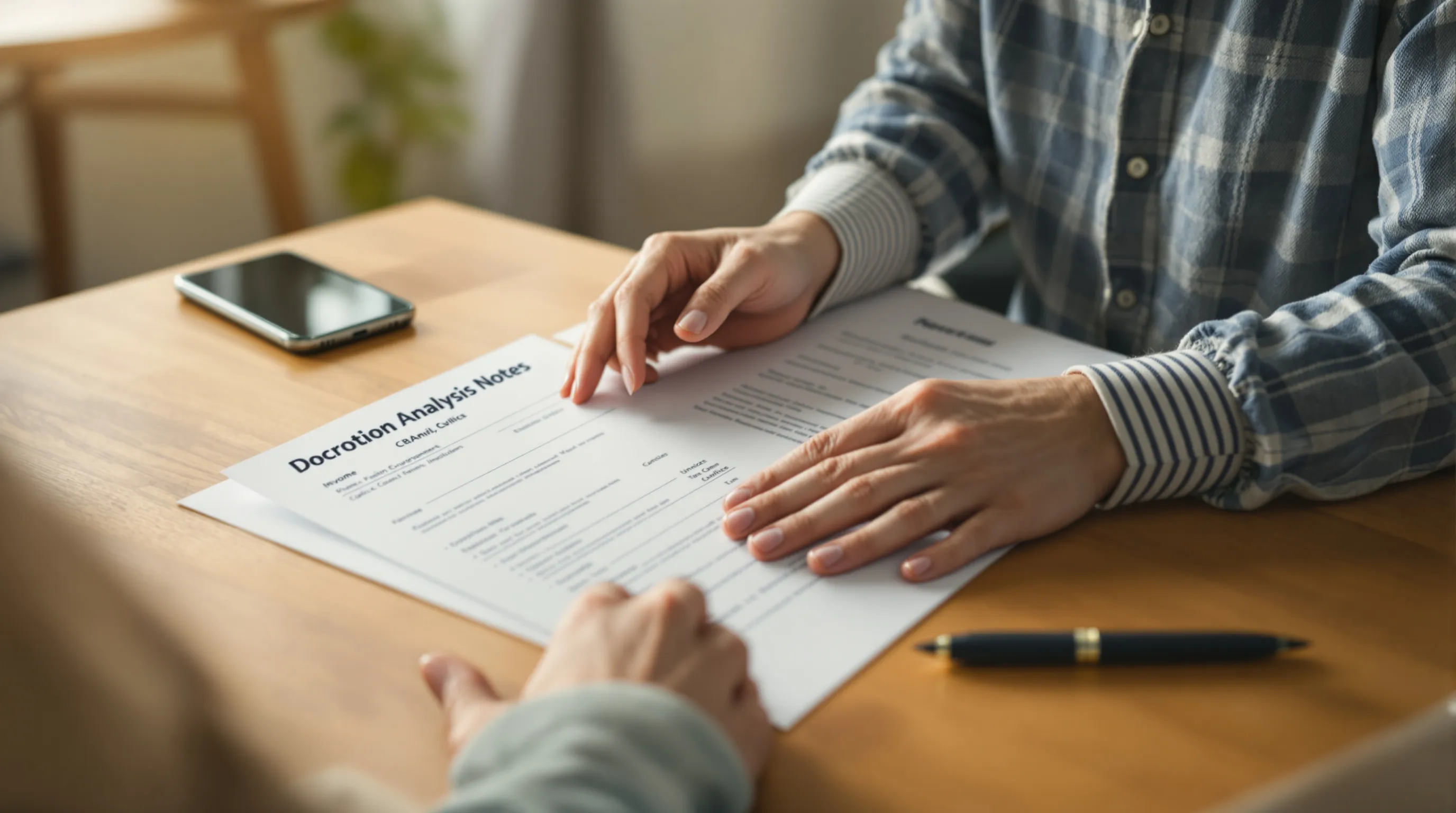 Caregiver lining up a prescription, chart notes and a supplier invoice on a kitchen table to check a lift chair claim