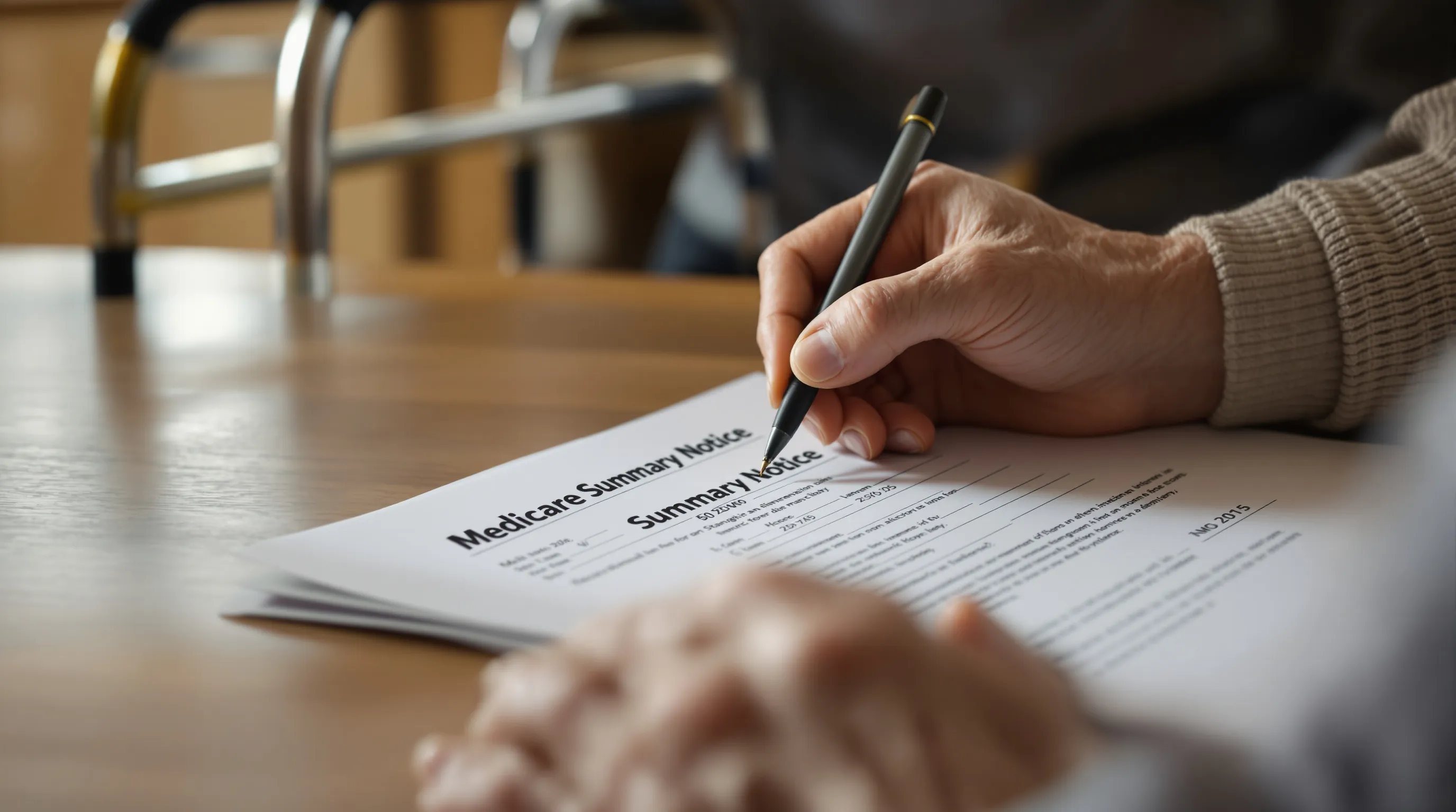 Medicare Summary Notice document with walker replacement timeline highlighted