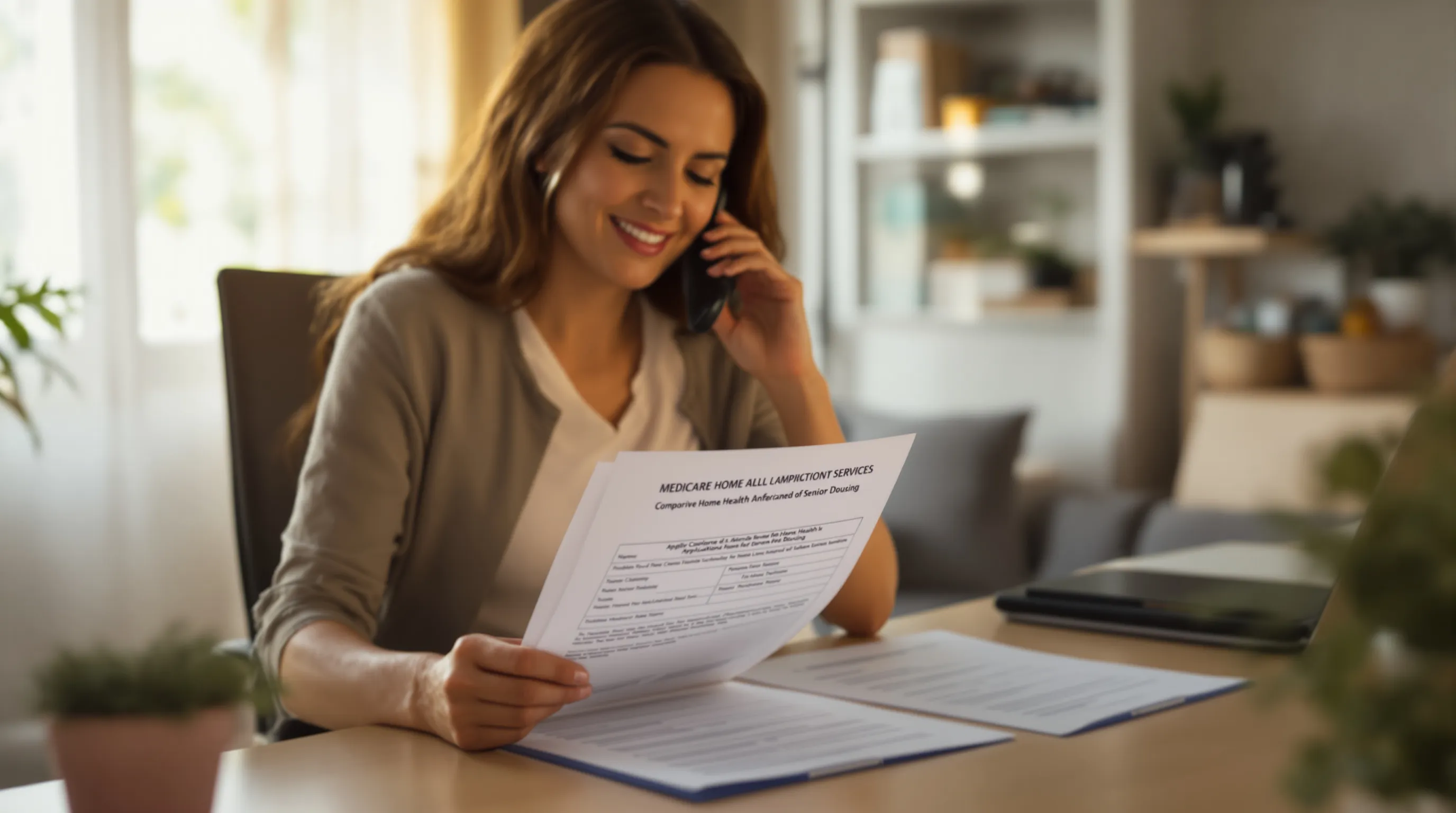 A patient advocate coordinating Medicare home health and subsidized housing applications simultaneously from a professional office desk.