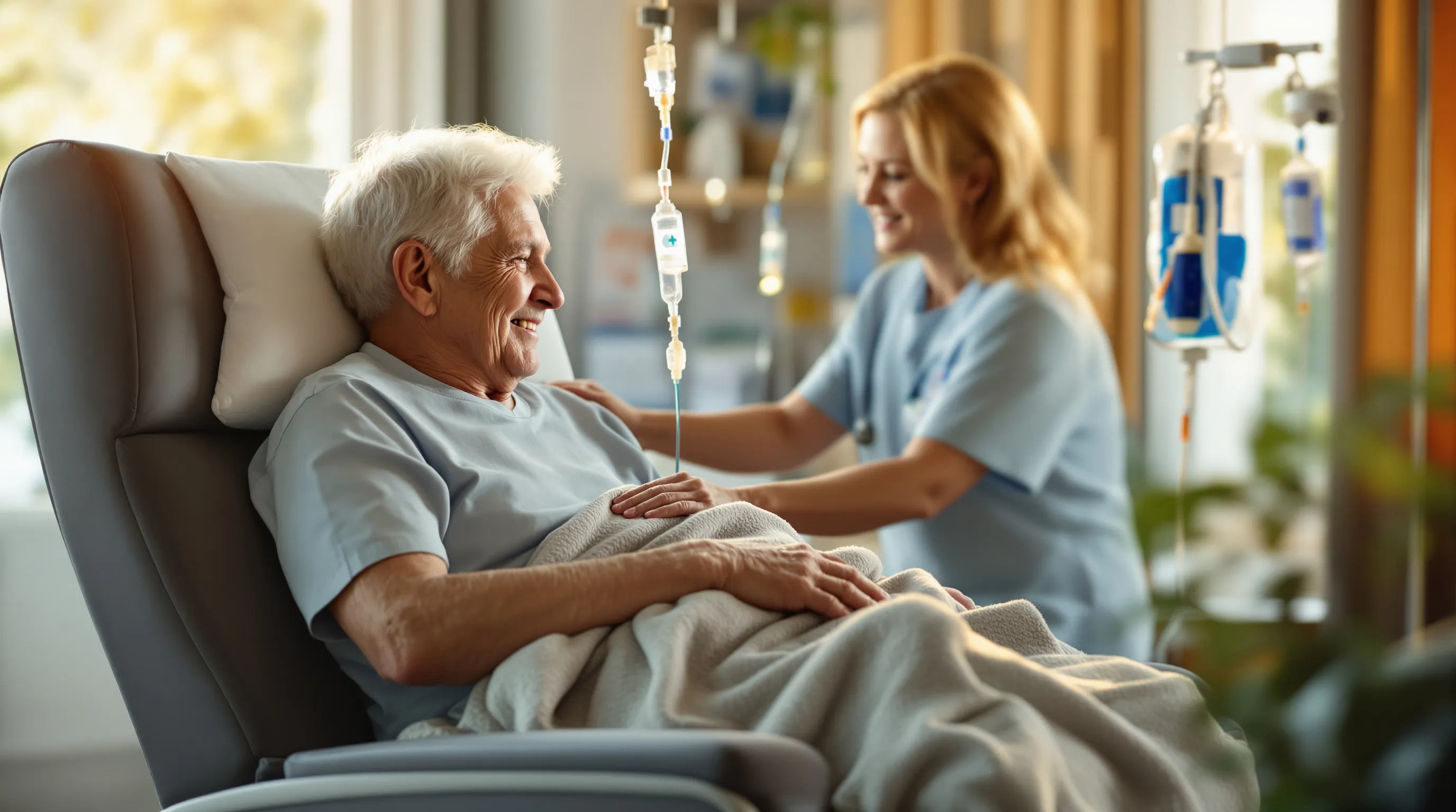A nurse sets up an IV infusion for an older adult in an outpatient infusion chair