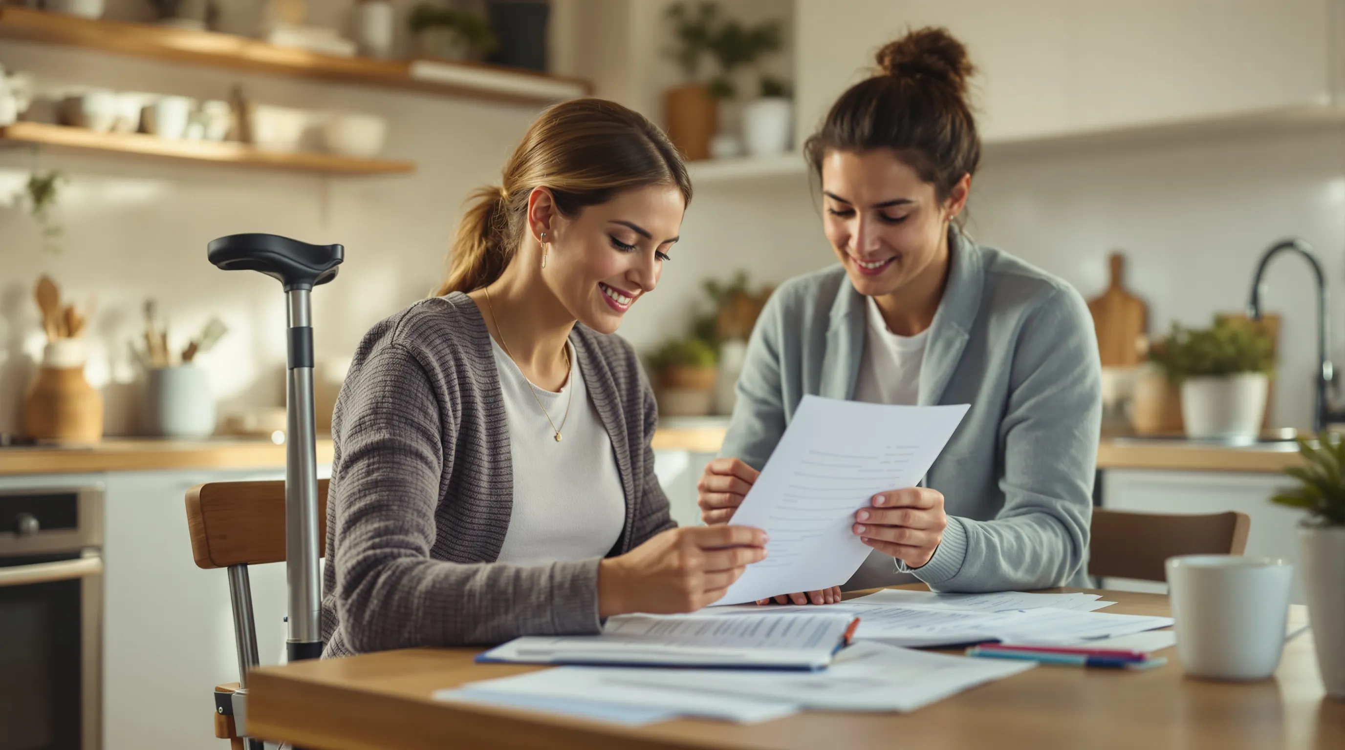 Younger adult with a disability and a family member reviewing plan papers and a visit summary at a kitchen table