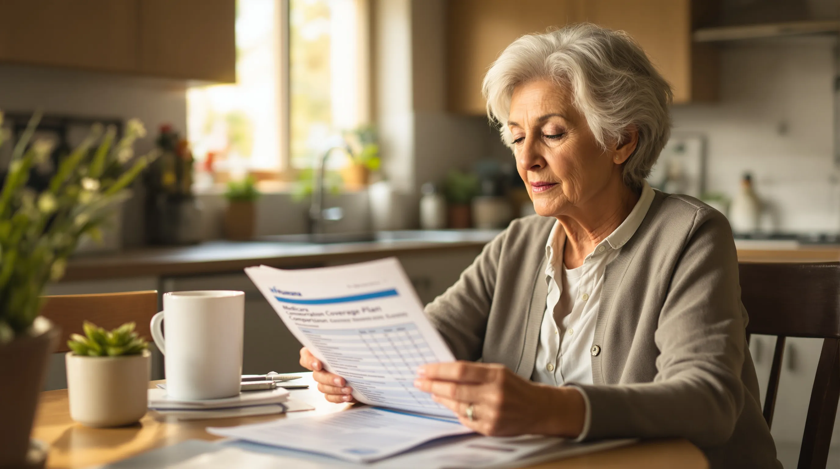 Senior woman comparing Medicare plan options at home