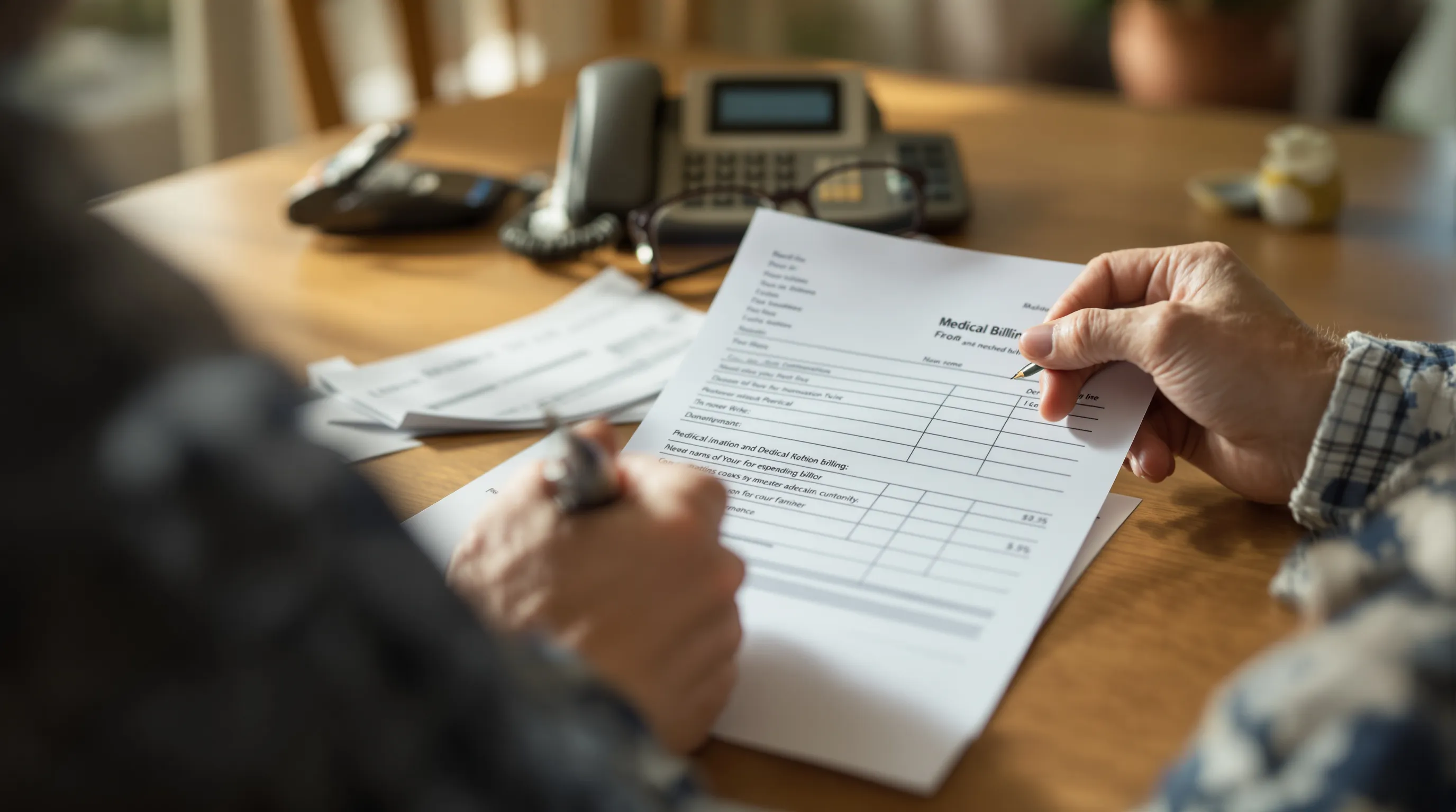An older adult reviews a medical billing statement before a scheduled procedure, checking line items for billing errors