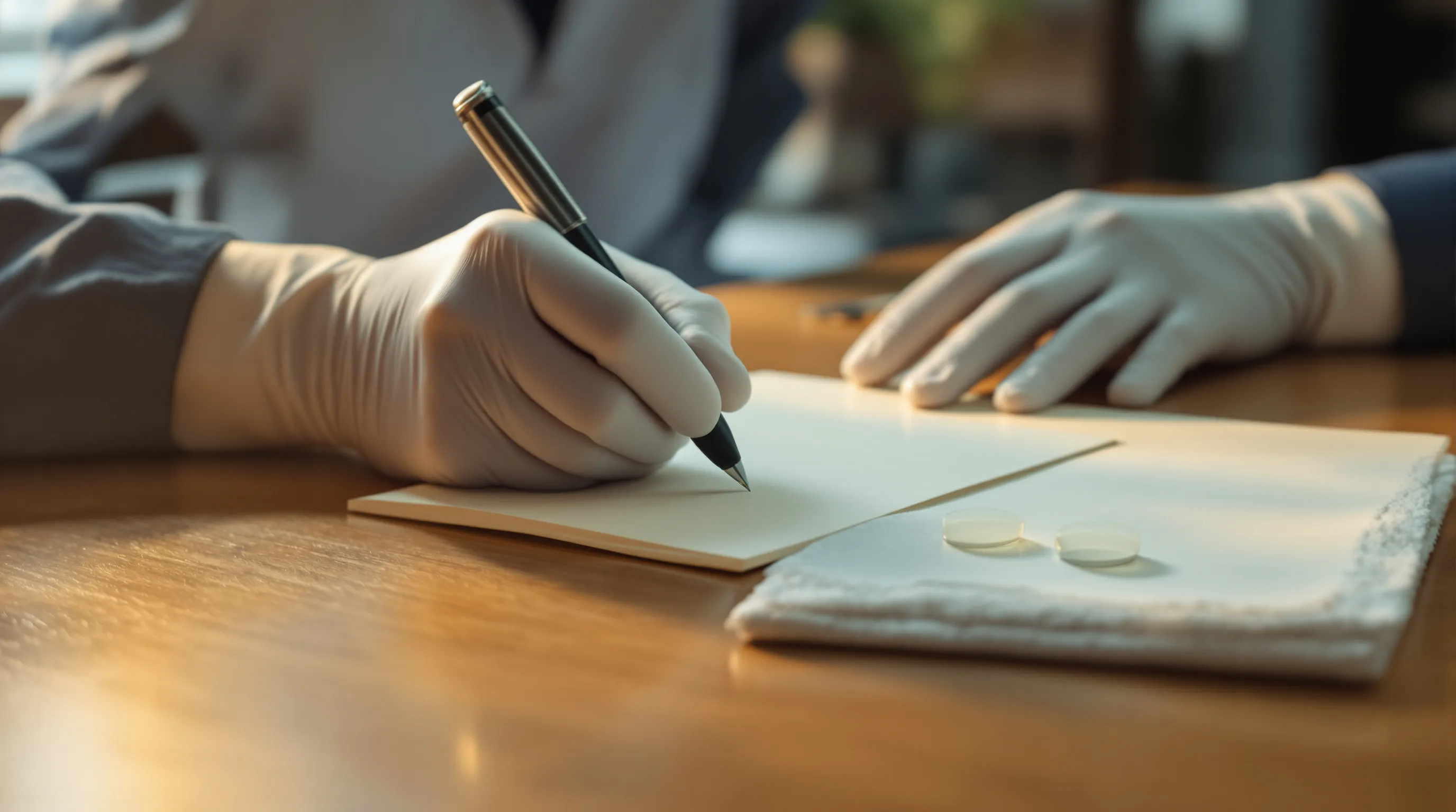 Close-up of an eye surgeon's gloved hands at a clinic desk, one hand holding a pen mid-signature on a plain sheet of cream stationery, beside a small plastic model of a human eye and a pair of trifocal intraocular lens