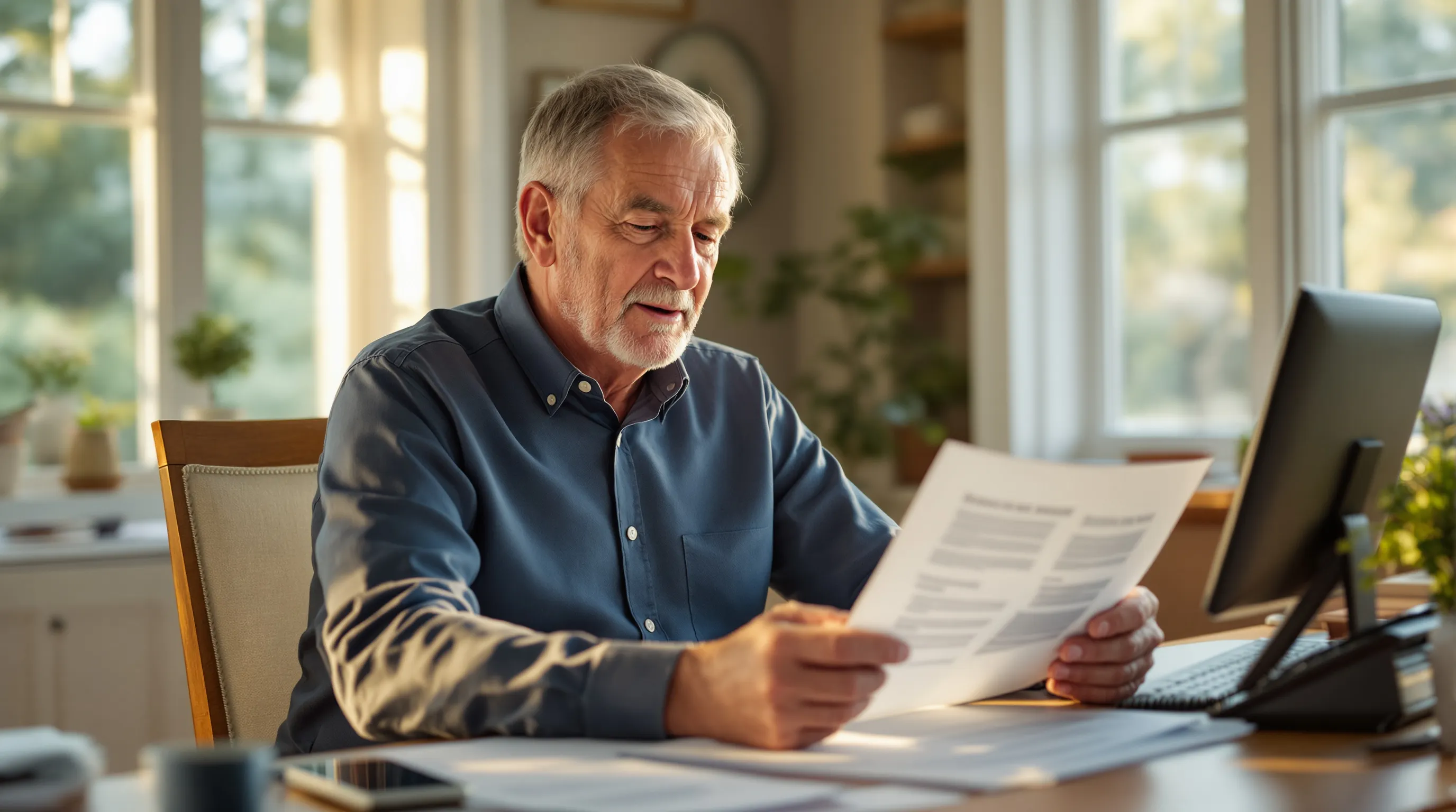 Massachusetts senior reviewing Medicare Savings Program documents at home, preparing to contact a SHINE counselor