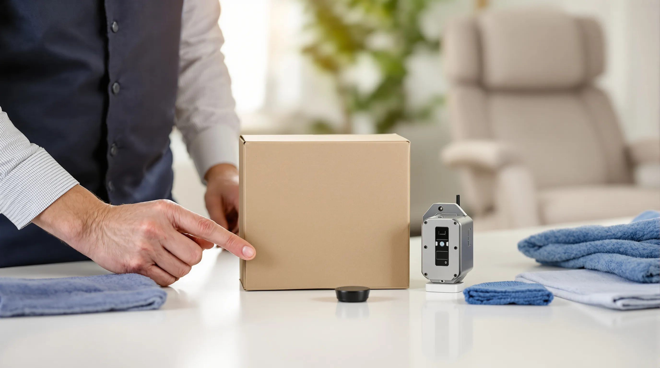 Close-up photo of a medical equipment supplier's counter, where a technician's hands rest beside a boxed seat lift motor unit and a compact remote control, one finger pointing at the unit's metal mounting bracket
