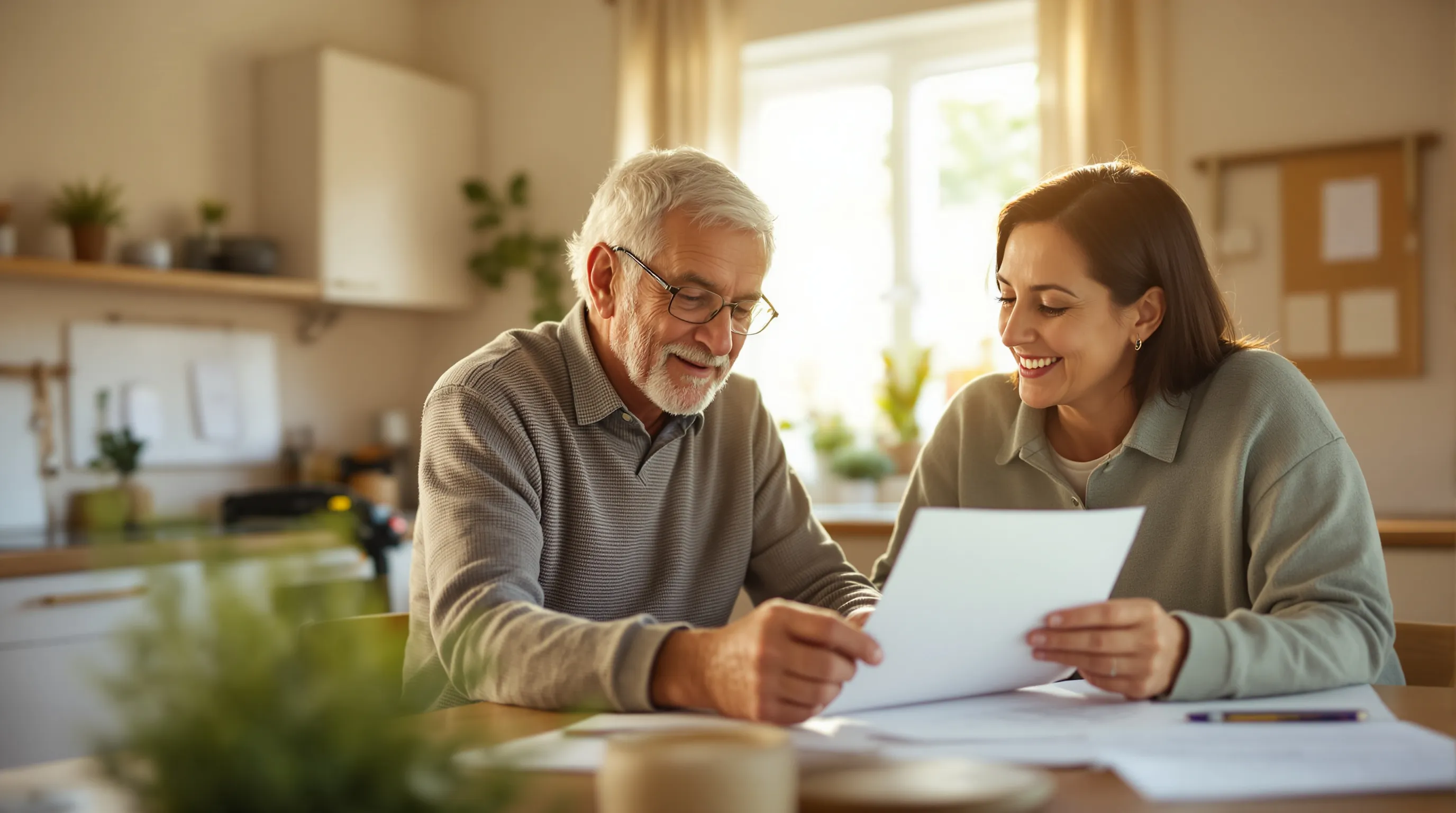 Senior adult and family member reviewing Medicare scooter approval paperwork at home