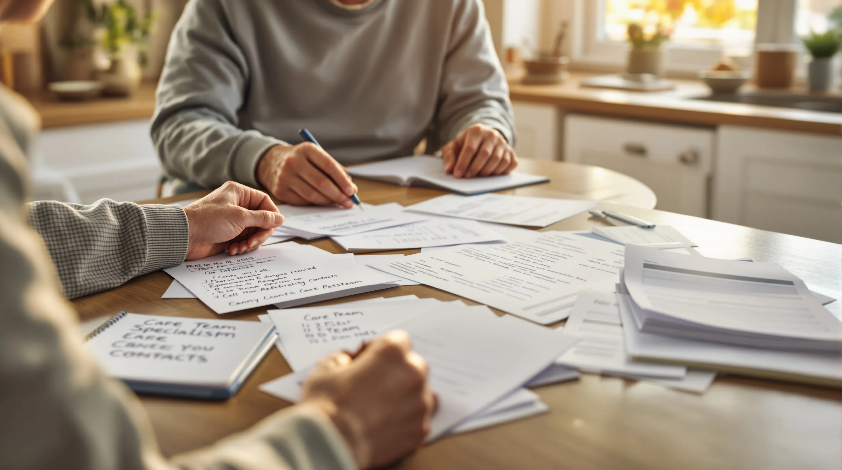A Medicare patient reviewing care coordination documents and specialist referral letters at home