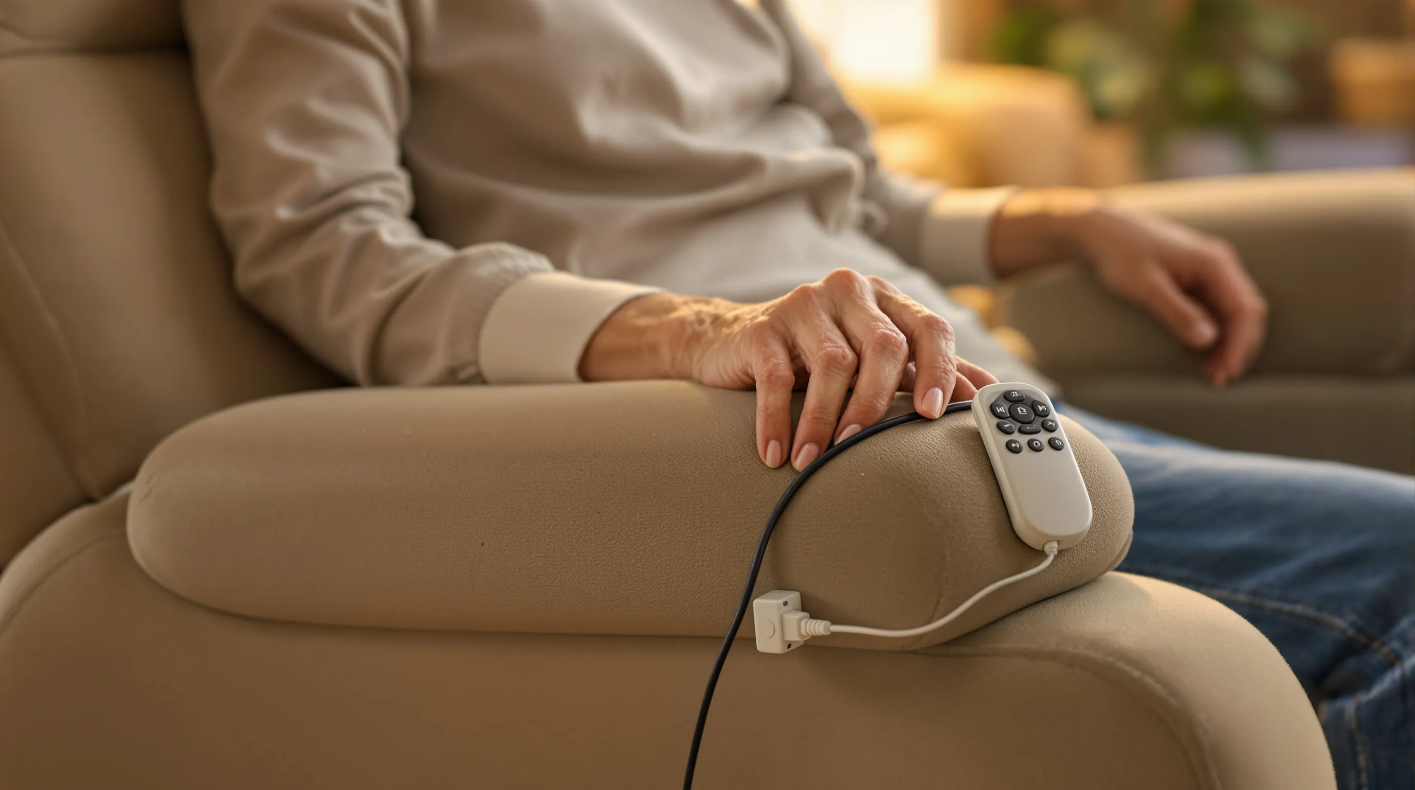 Older woman's hands on the arm of a power lift recliner as the seat tilts forward with a hand remote on the cushion