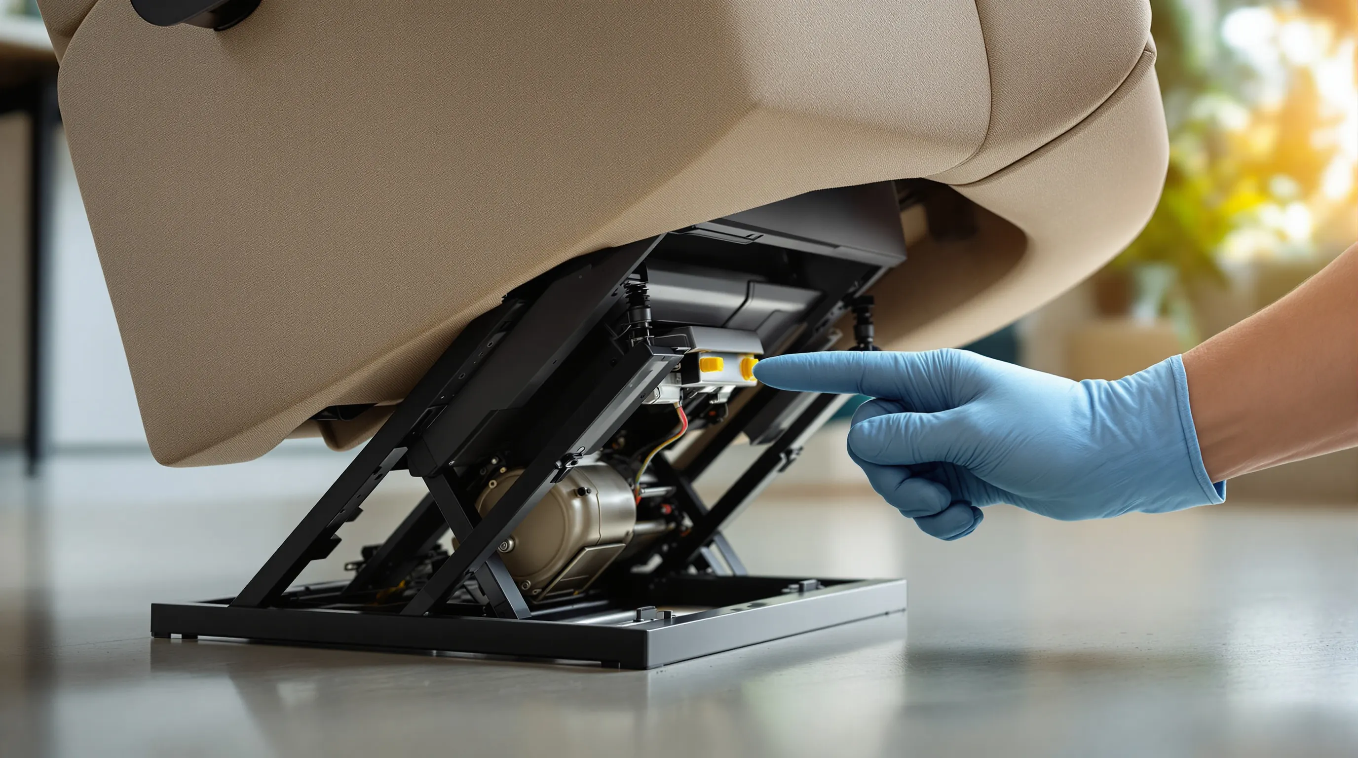 Close-up of the motorized lift mechanism underneath a power lift recliner