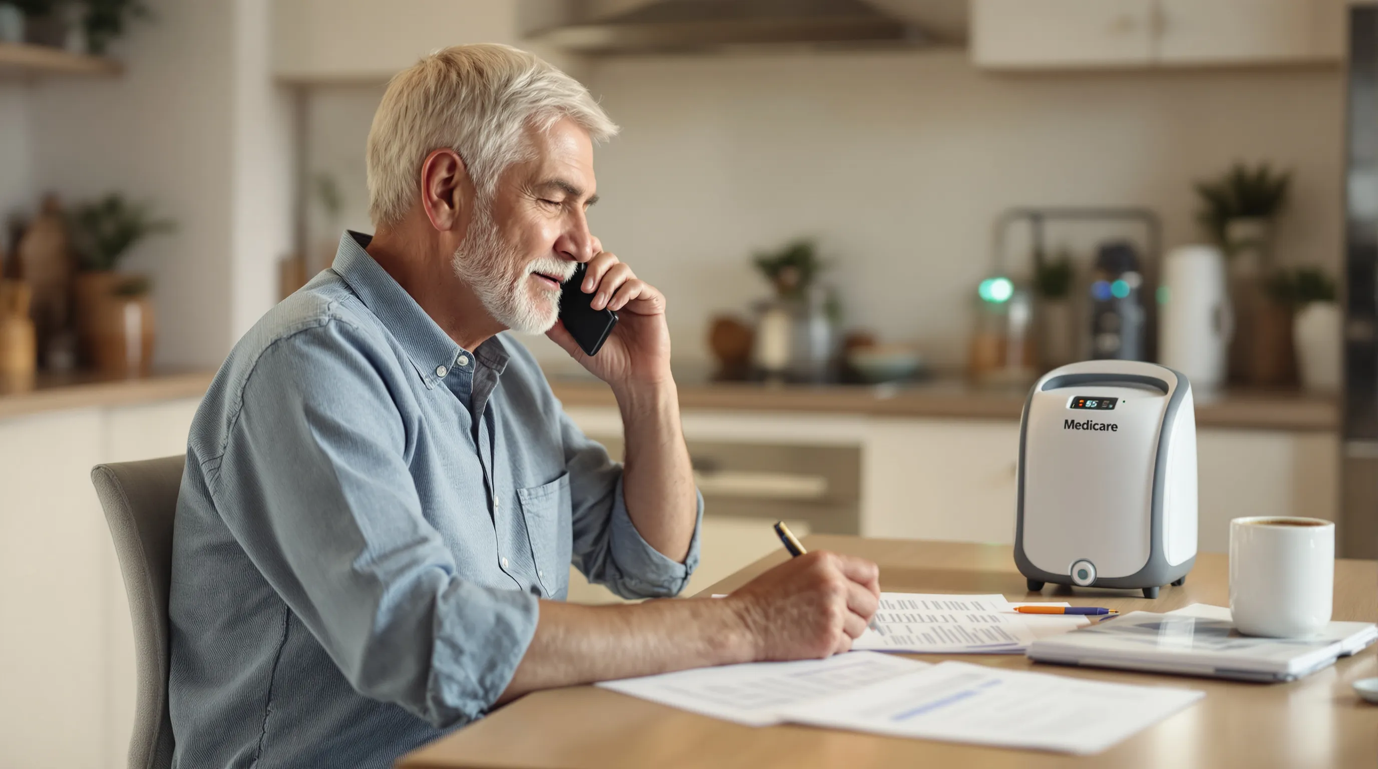Senior on a phone call with Medicare documents and oxygen concentrator in background