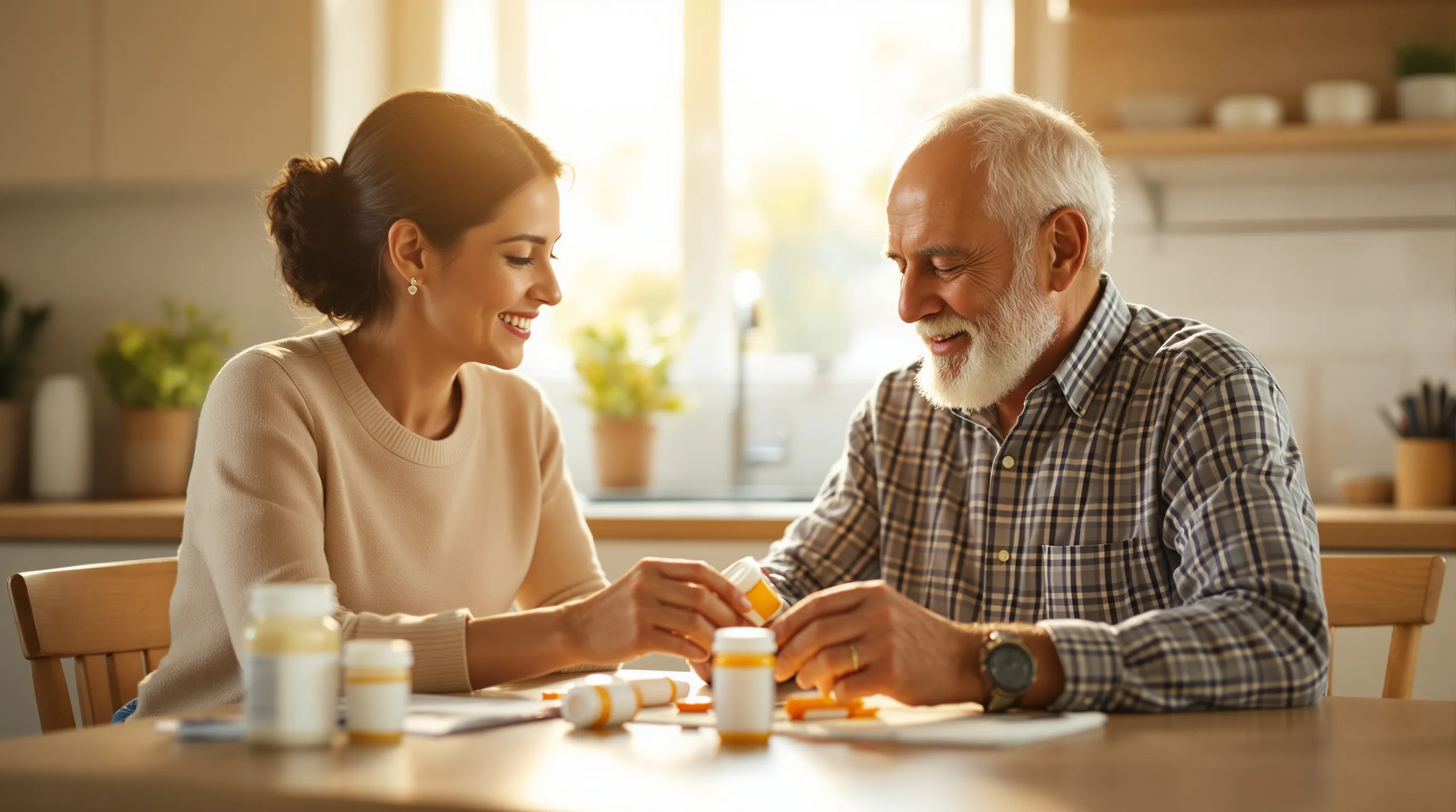 Adult daughter helping her father organize prescription medications at home in Pennsylvania