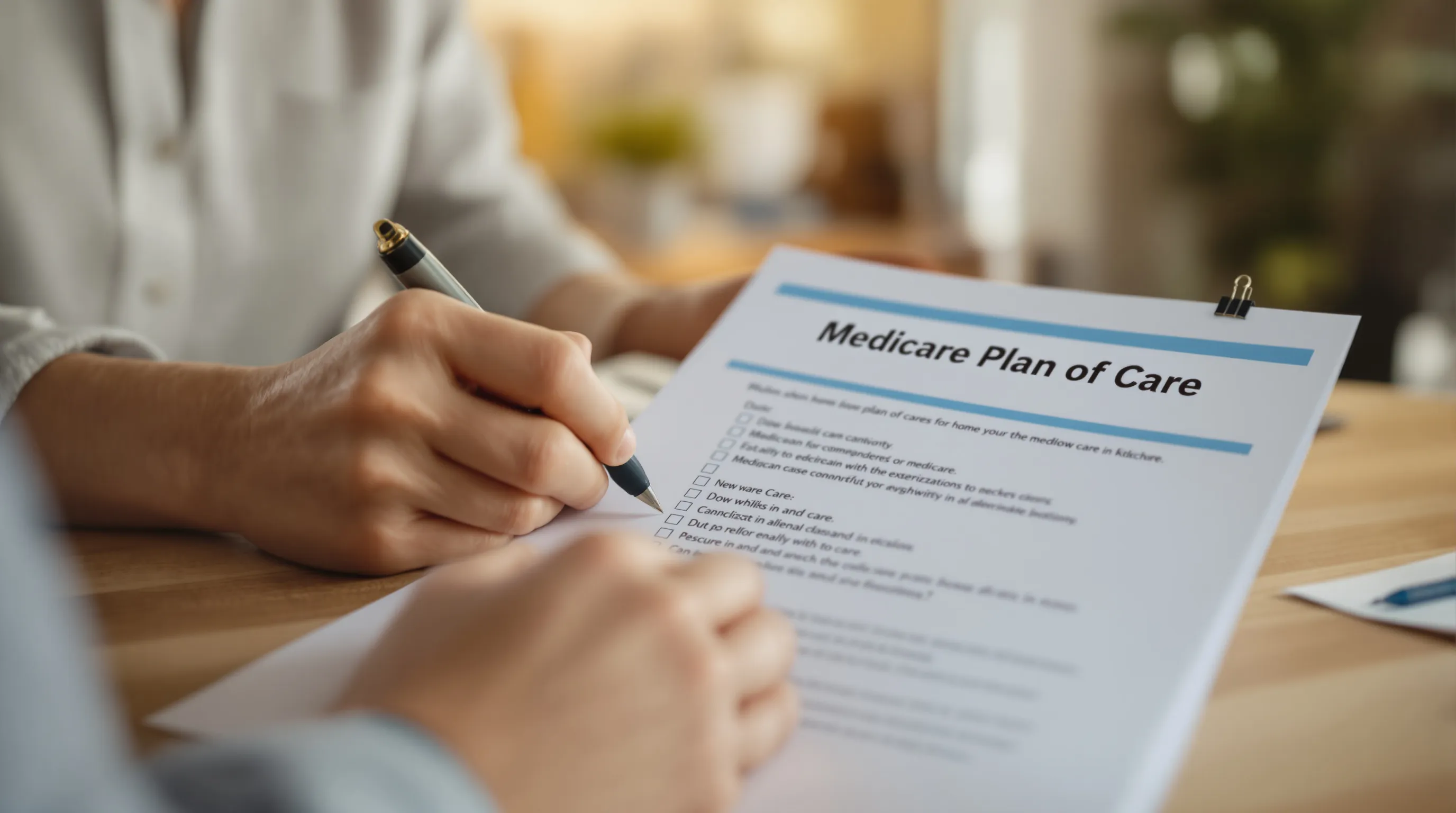 A patient advocate reviewing and checking off items on a Medicare home health plan of care document