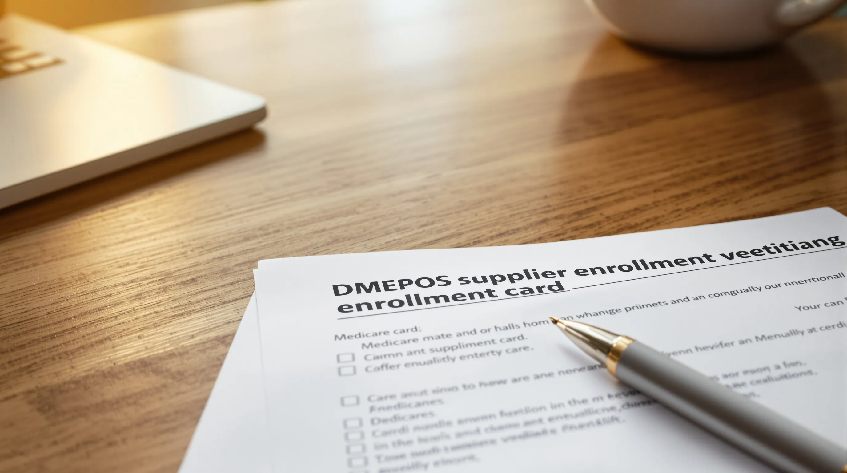 Medicare card and DMEPOS supplier enrollment documents with a vetting checklist on a desk