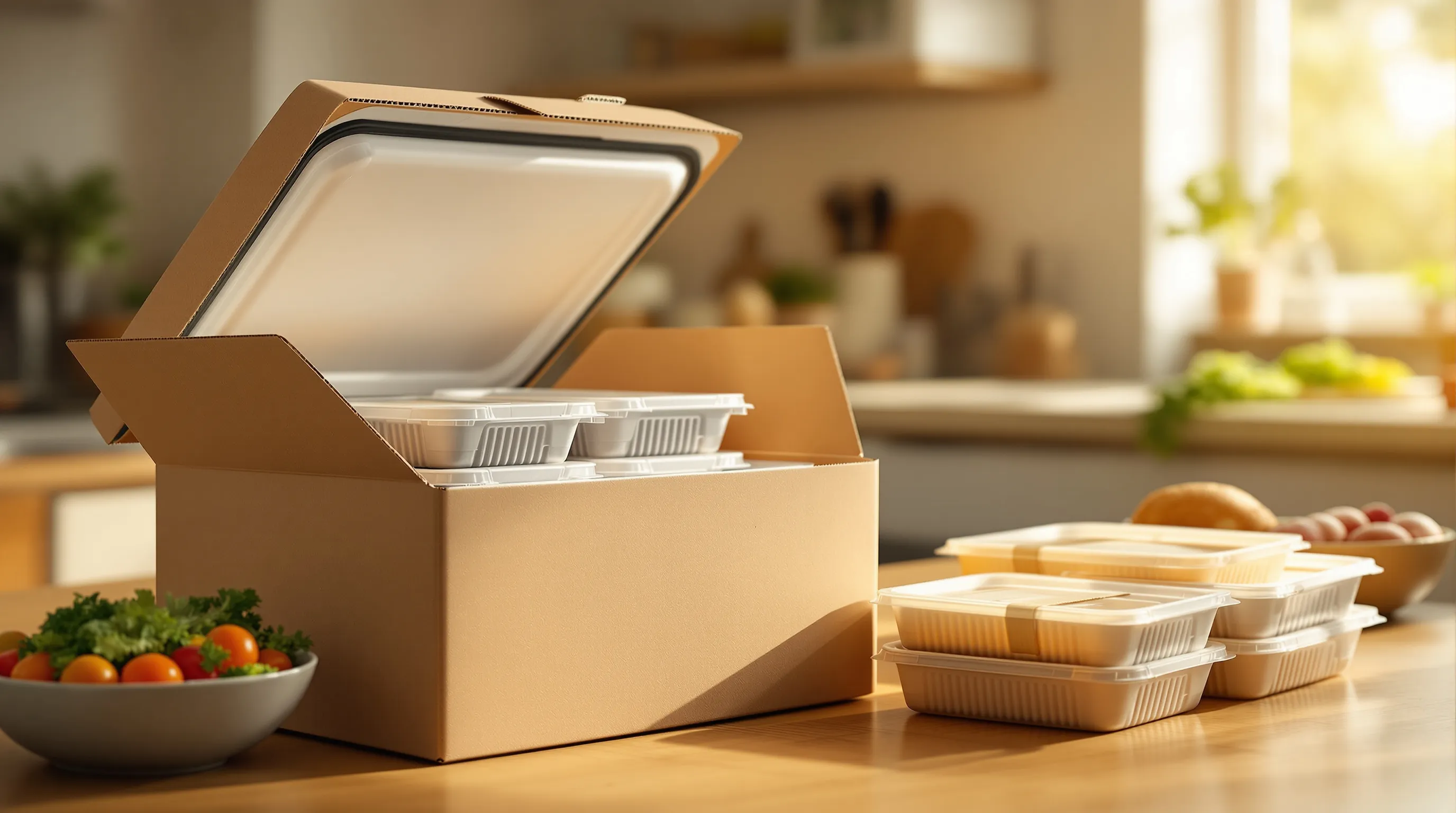 Photorealistic close-up of an opened insulated meal delivery box on a kitchen counter, a few sealed refrigerated meal trays stacked inside with frost-cool gel packs tucked around them