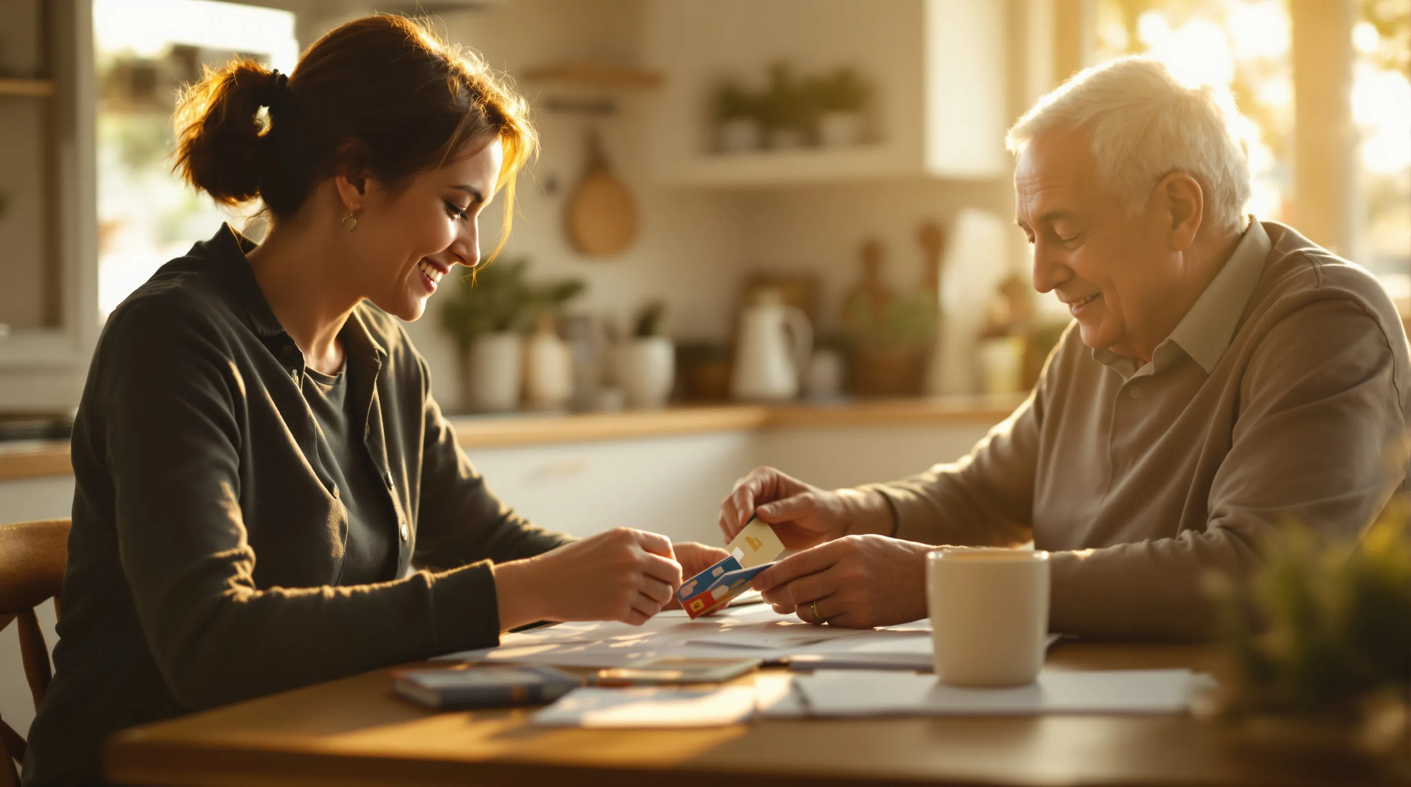 At a kitchen table, an adult daughter sorts a parent's household belongings into two groups, a stack of grocery store gift-style cards and benefit cards on one side and a few plastic ID badges and tags on the other