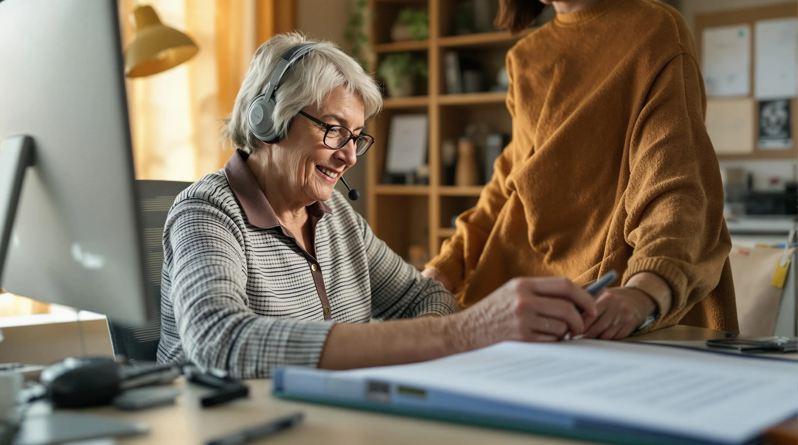 Care advocate reviewing a signed patient permission form next to an organized case binder