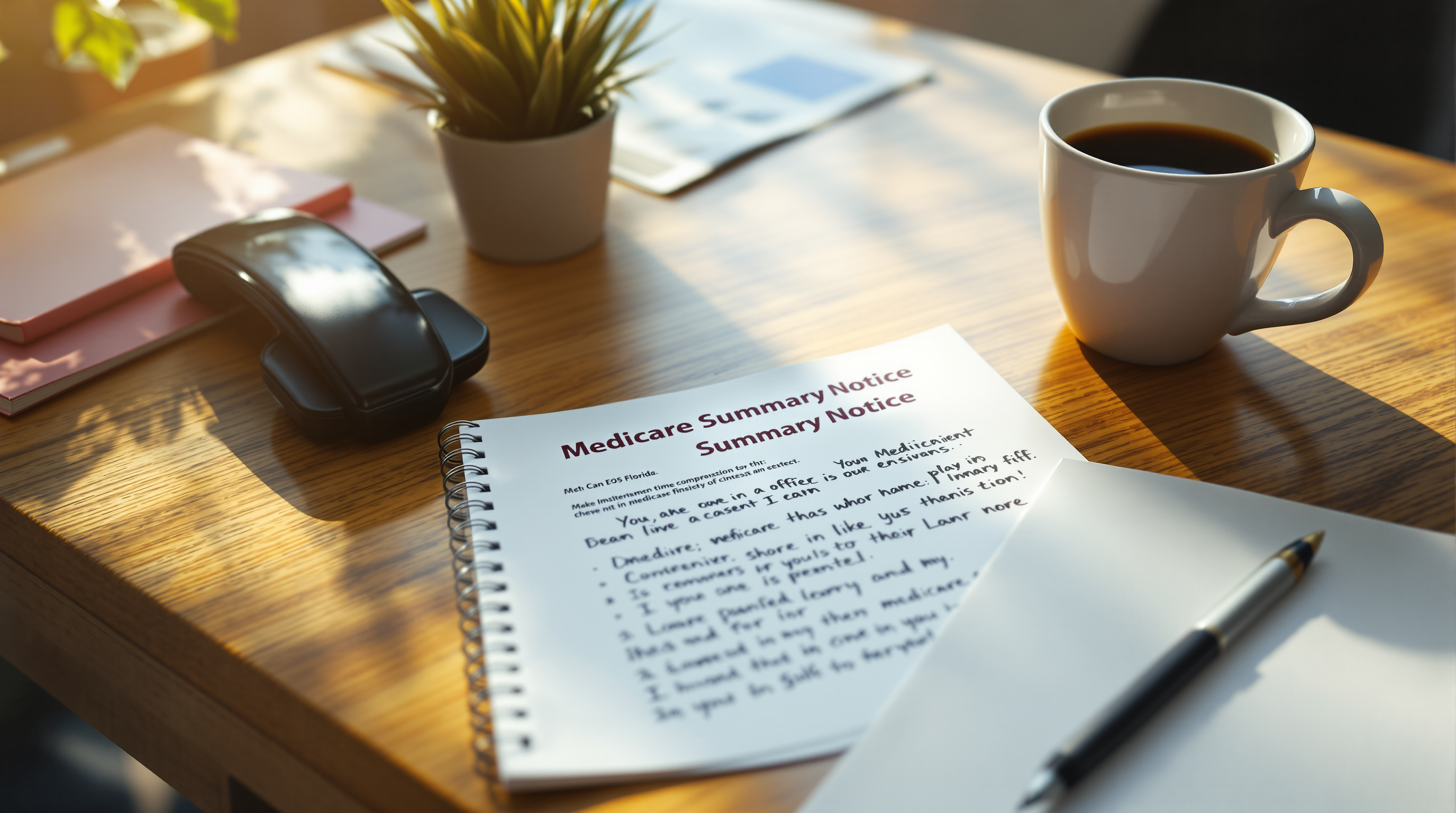A Medicare patient advocate's desk with a Medicare Summary Notice, notes, and phone - representing the day-to-day work of helping Florida beneficiaries resolve coverage issues.