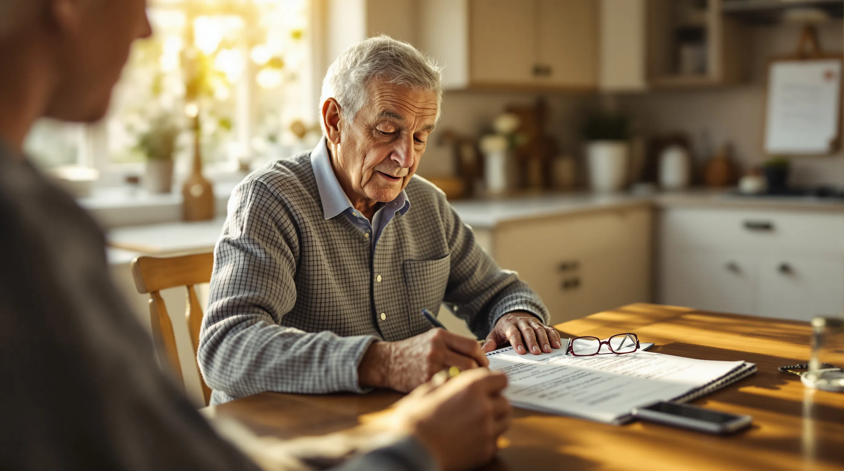 Senior reviewing Medicare paperwork at home before calling I-Care for South Carolina program enrollment help