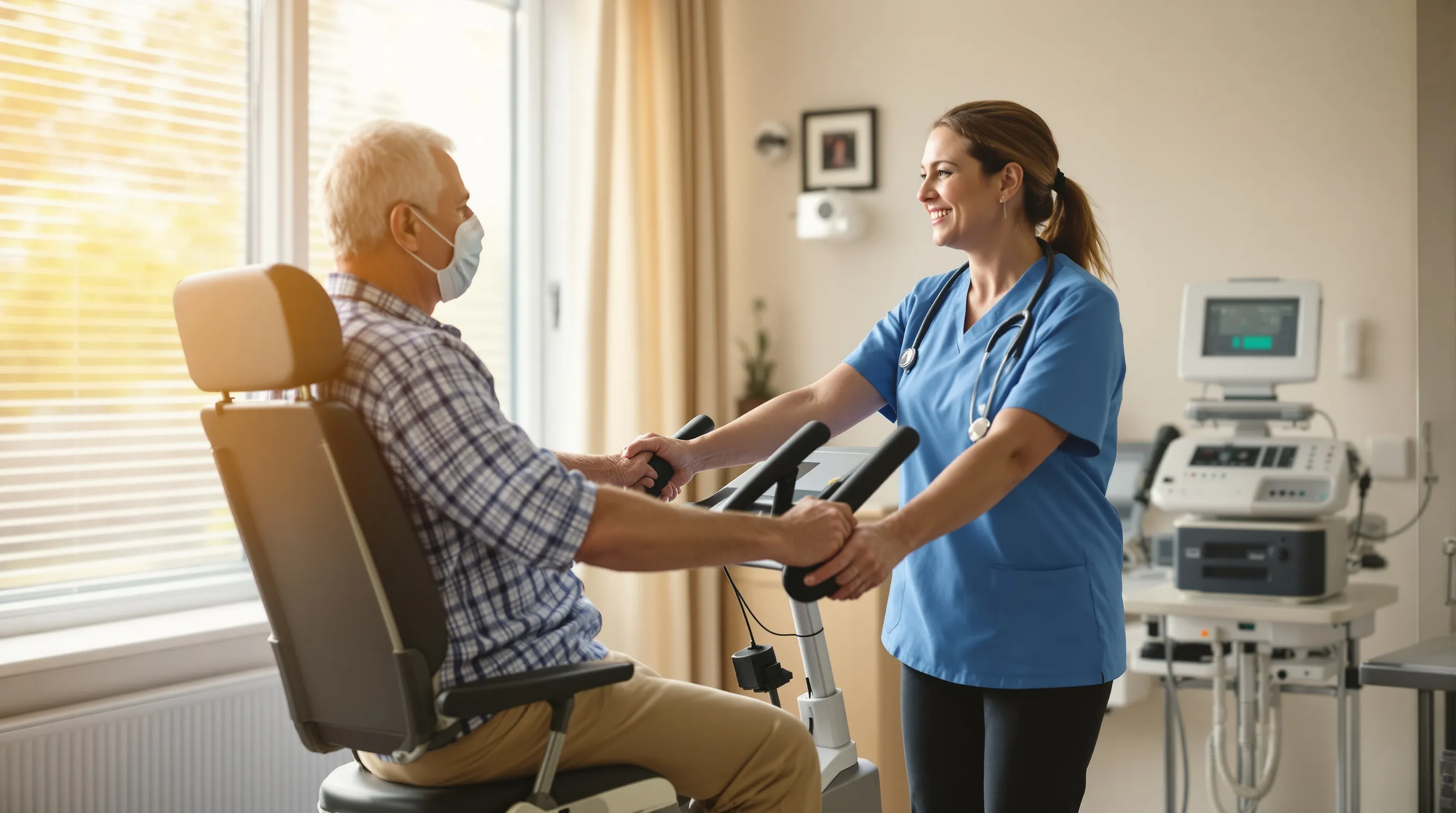 A senior COPD patient participates in pulmonary rehabilitation exercise with a respiratory therapist