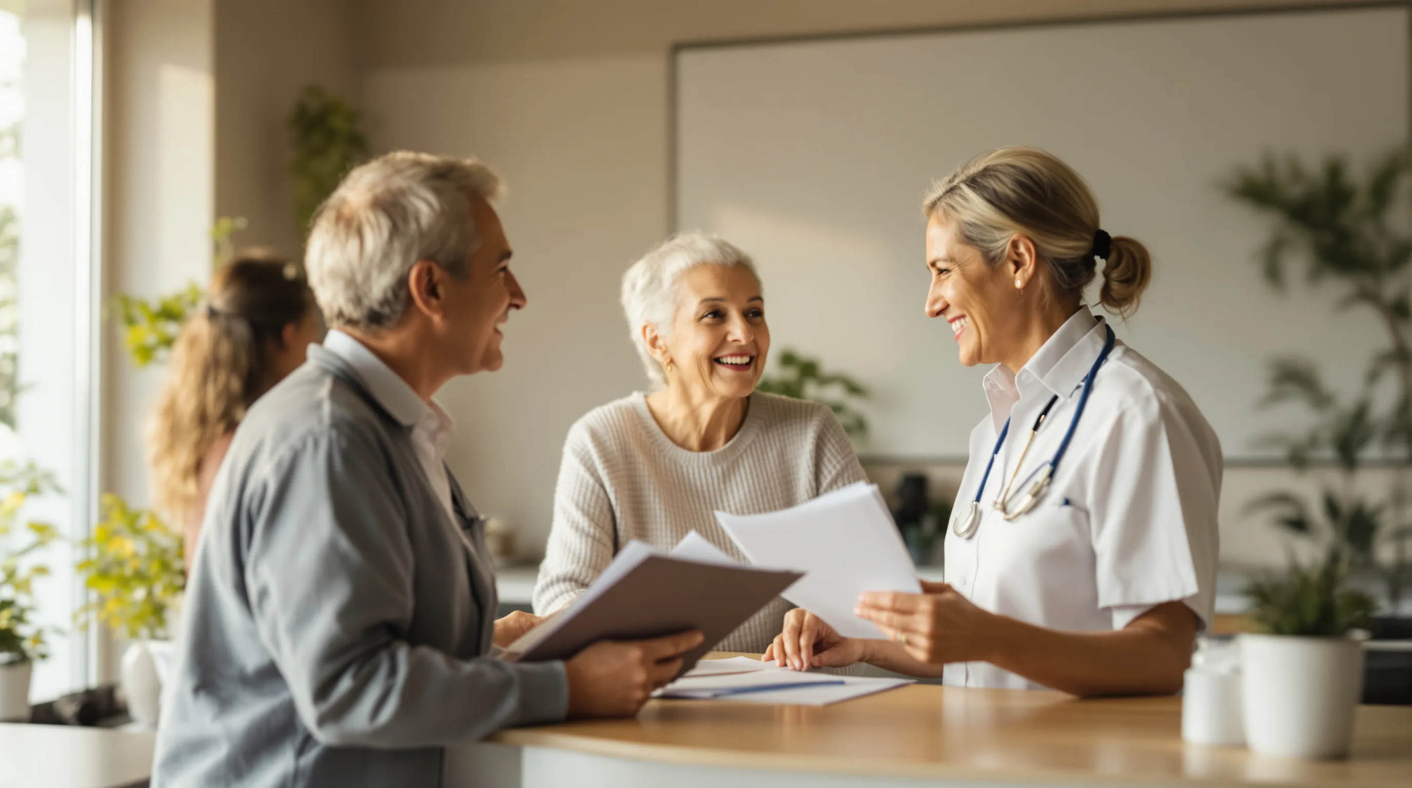 Older adult and family member asking a clinic front-desk staff member how a follow-up colonoscopy will be billed