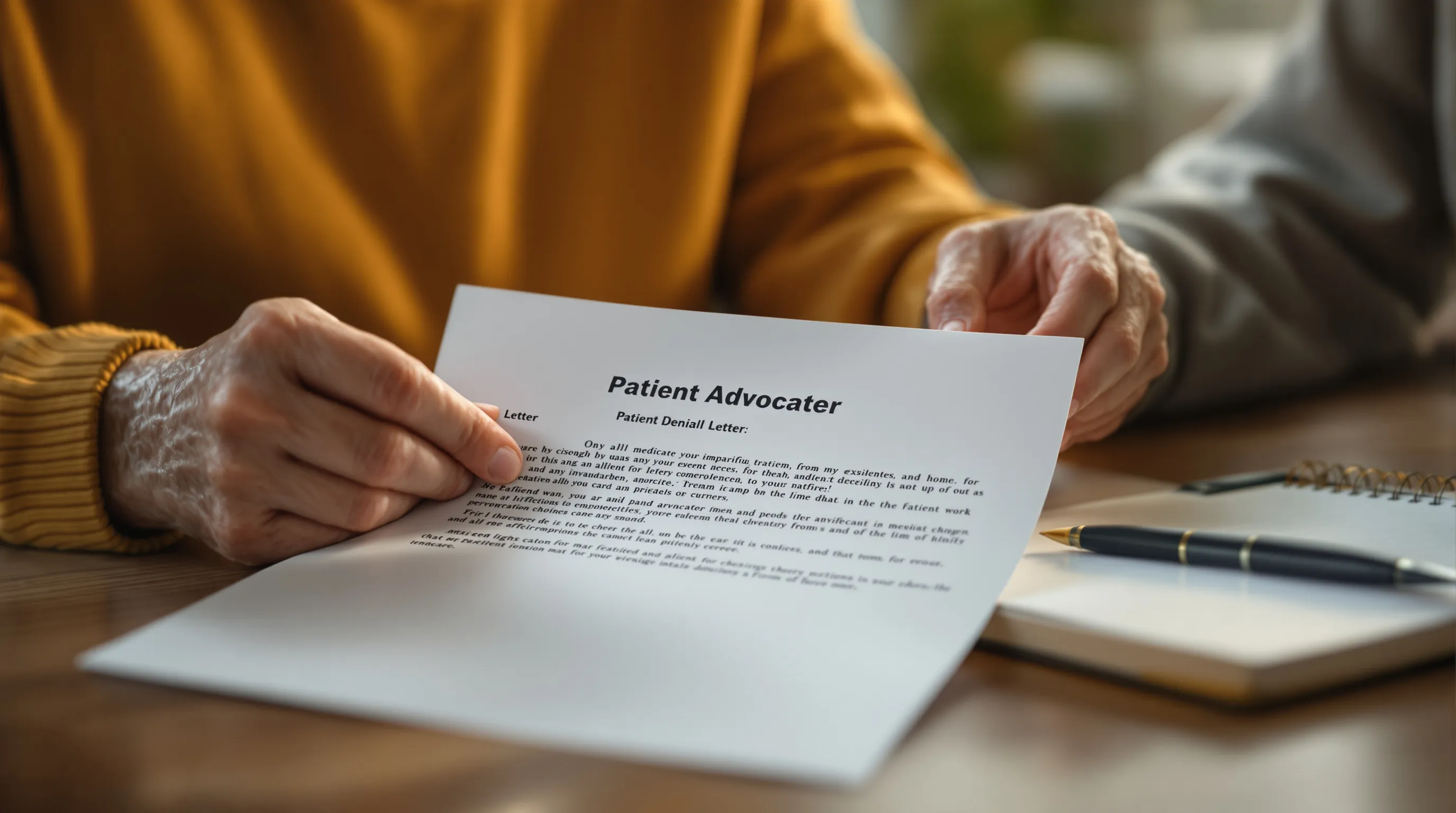 Senior holding Medicare card and denial letter while a patient advocate reviews authorization paperwork