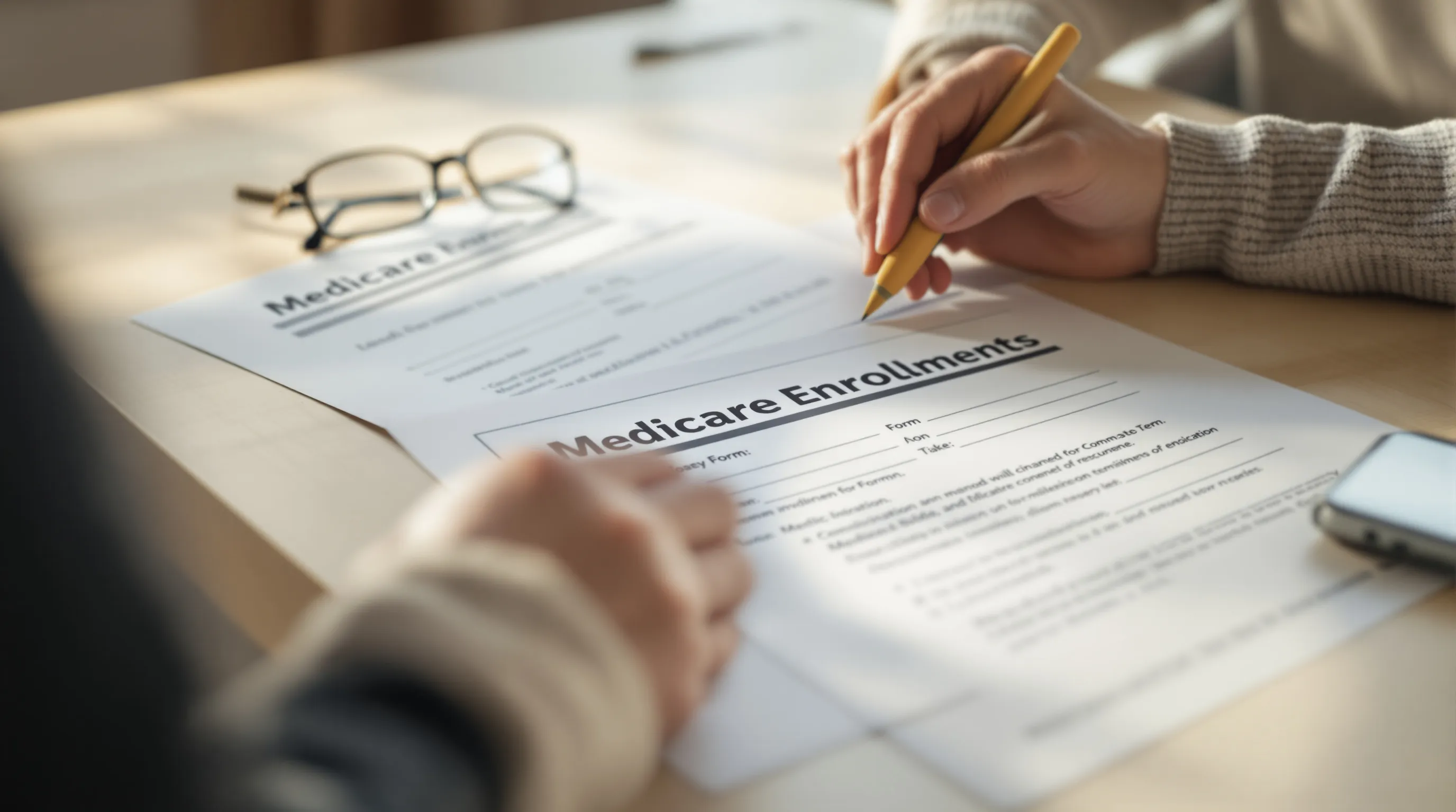 Medicare enrollment forms on a table with reading glasses and a highlighter