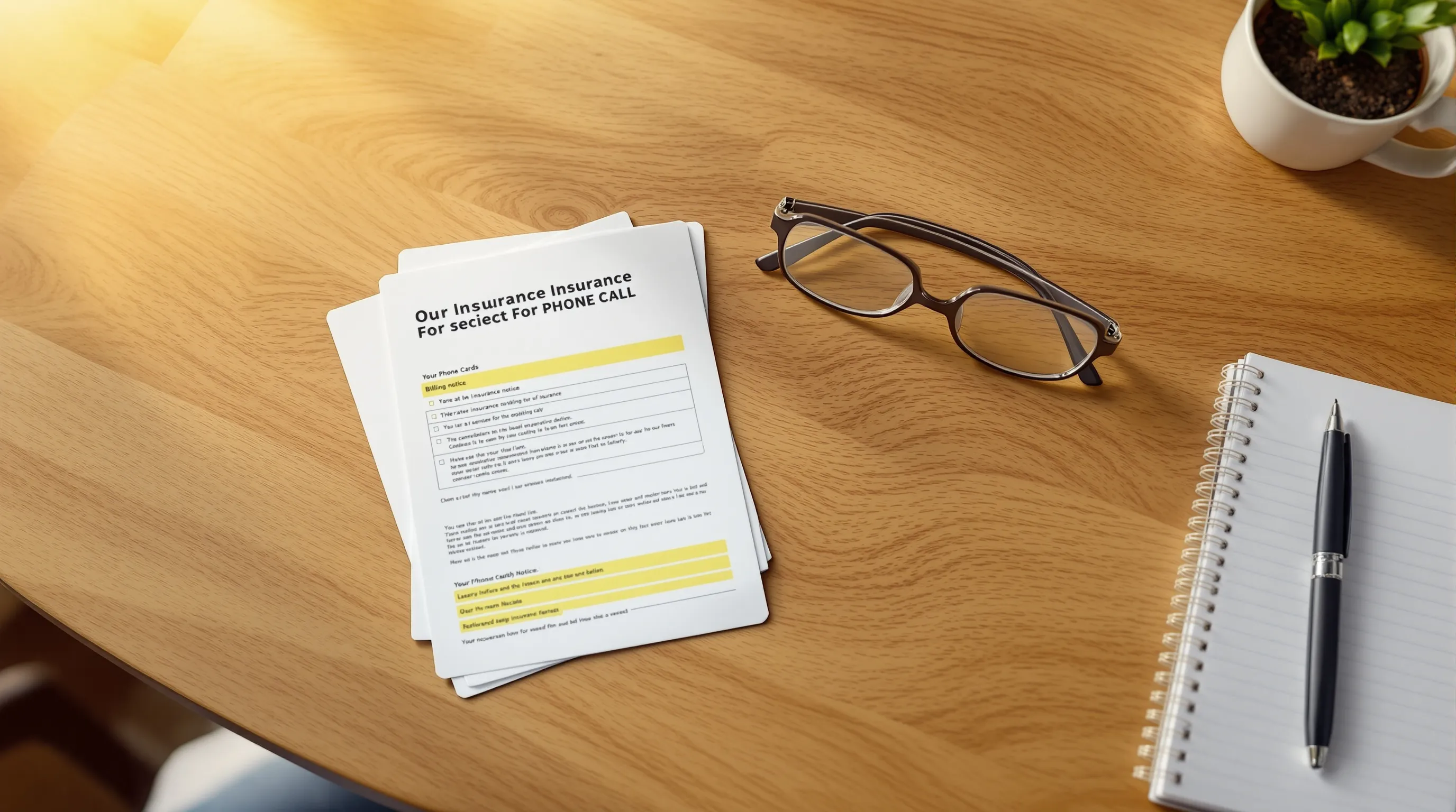 Insurance cards, a highlighted billing notice, reading glasses and a notepad laid out on a table before a call to a Medicare advocate
