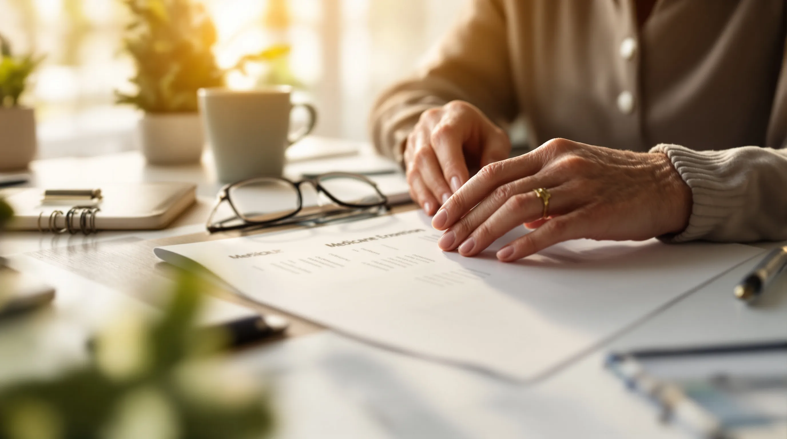 Senior reviewing Medicare Savings Program enrollment documents at home