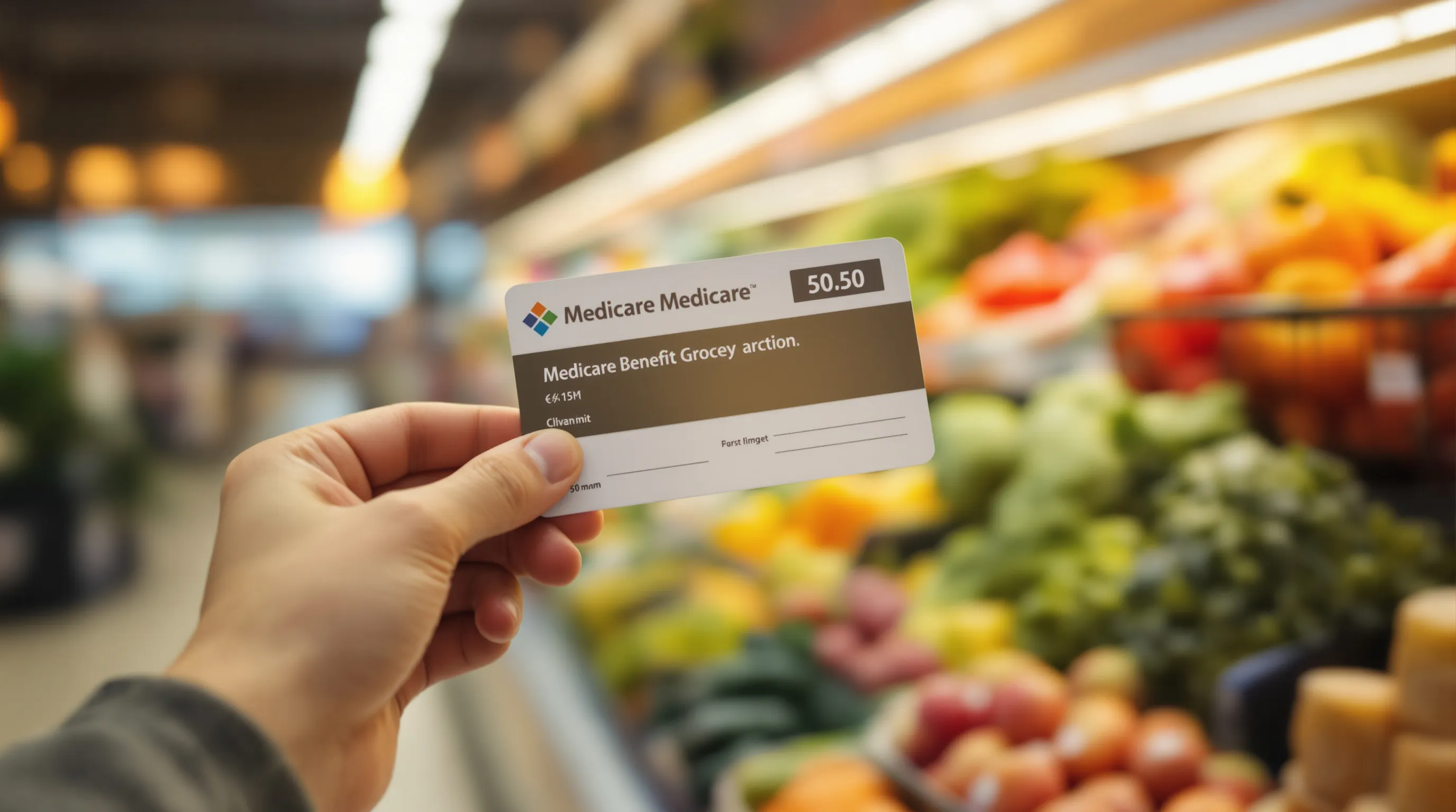 Grocery store aisle with fresh produce and a Medicare benefit card