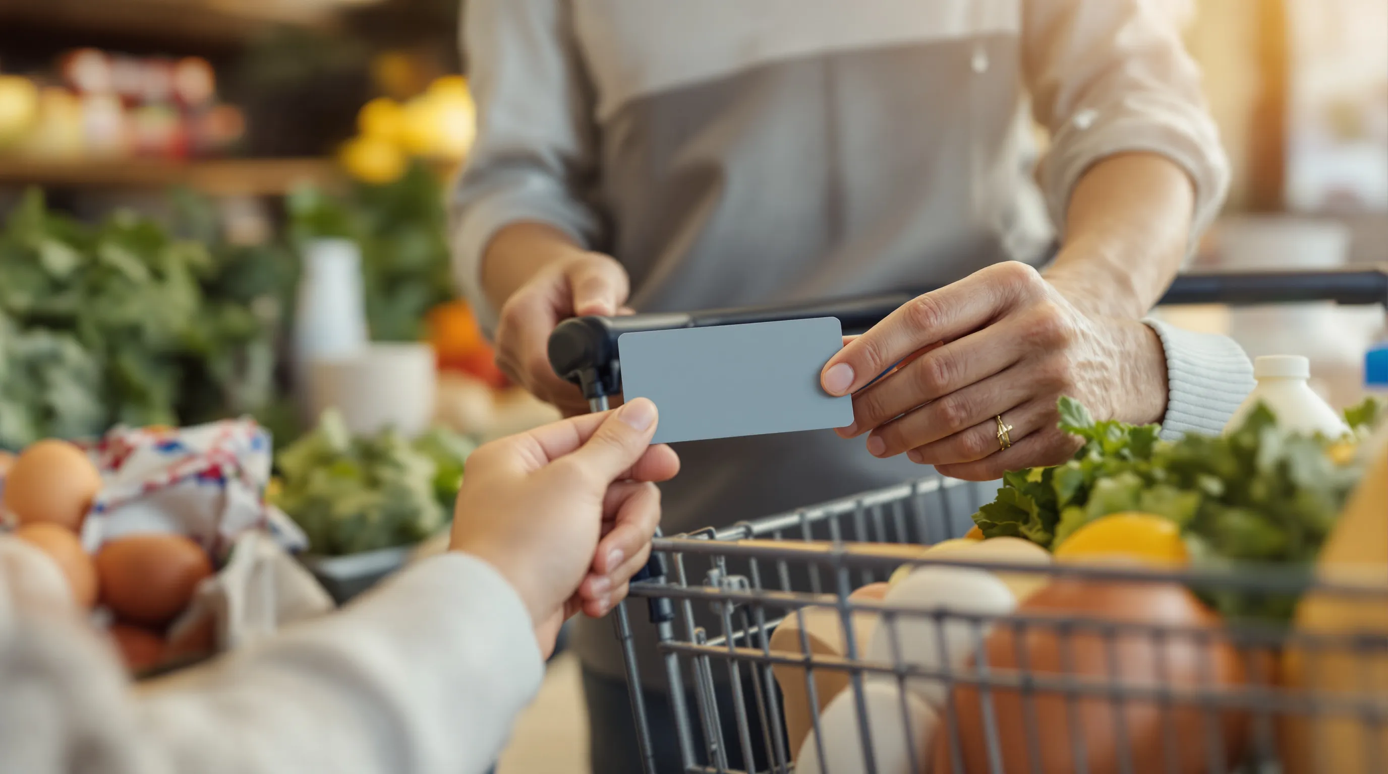 Caregiver holding a plain grocery benefit card at a store checkout next to a cart of fresh produce, with an older parent's hand on the cart