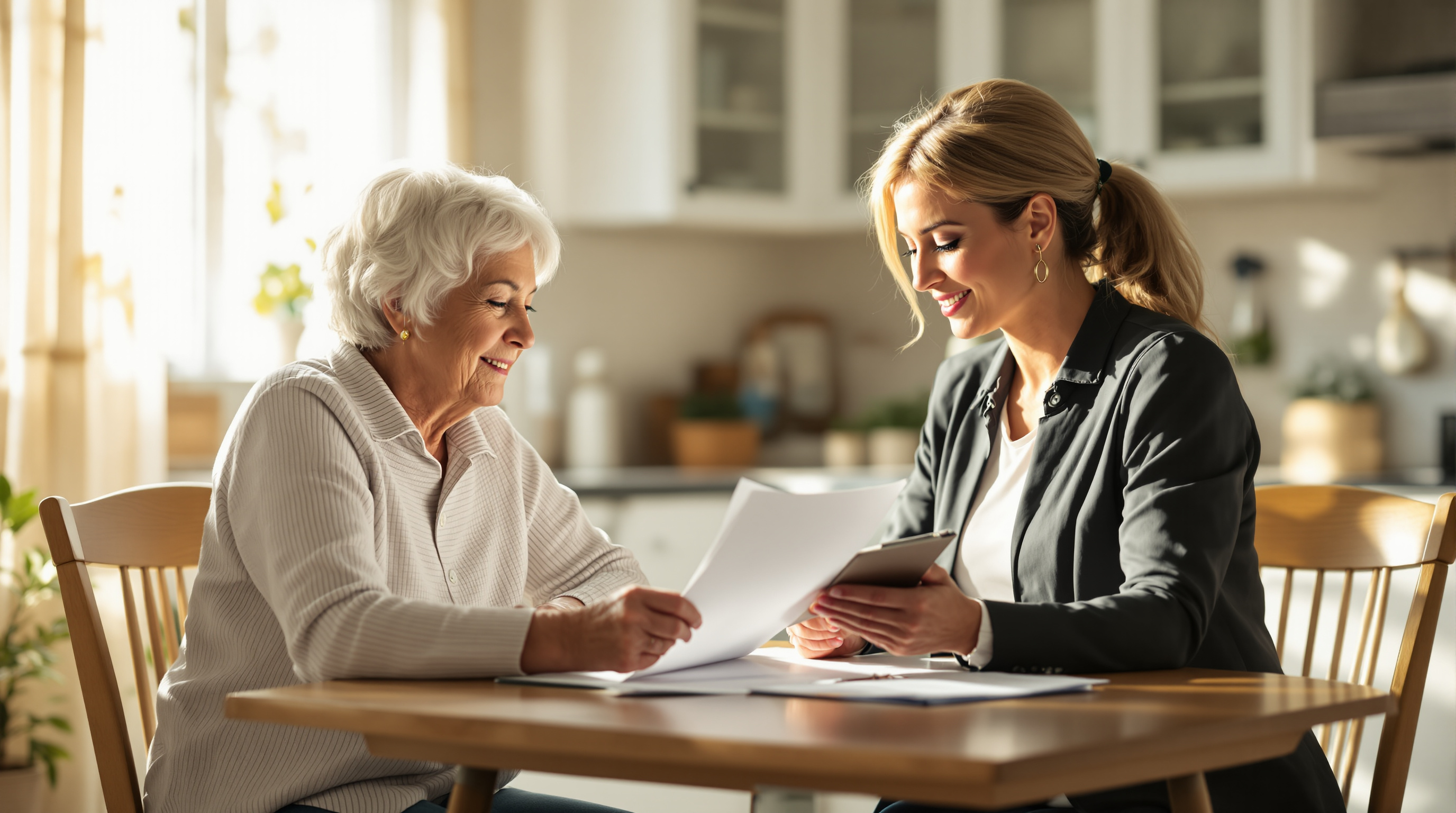 A Florida Medicare patient advocate sits with an older adult woman at a kitchen table, reviewing her coverage options and paperwork together.