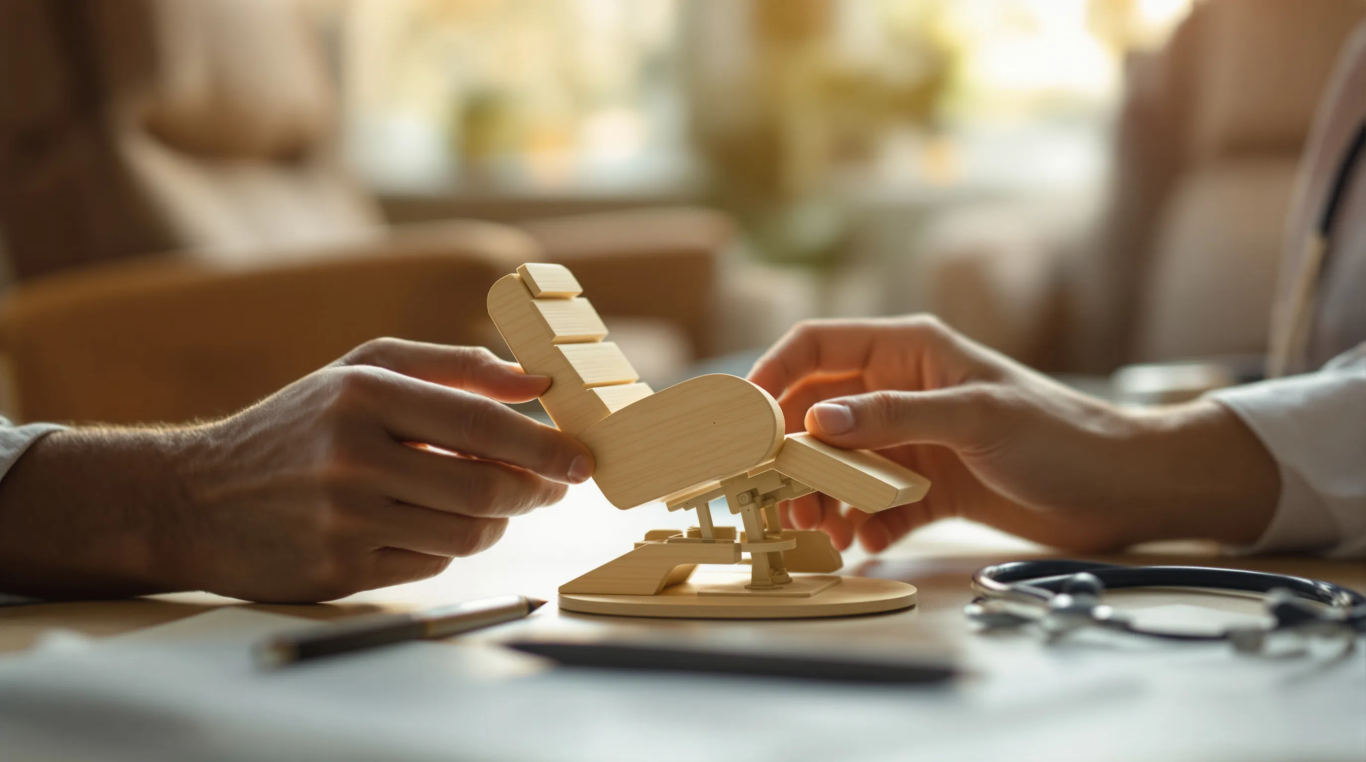 Close-up of a doctor's hands at a clinic desk, resting on a small wooden model of a lift chair reclining mechanism while one hand adjusts its tiny hinged footrest, a pen and a stethoscope lying beside it, a full-size