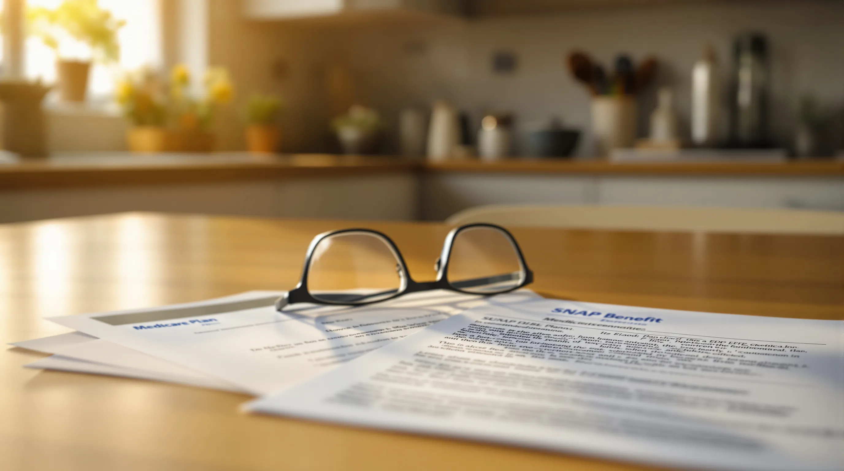 Medicare Advantage plan document and SNAP benefit letter on a kitchen table