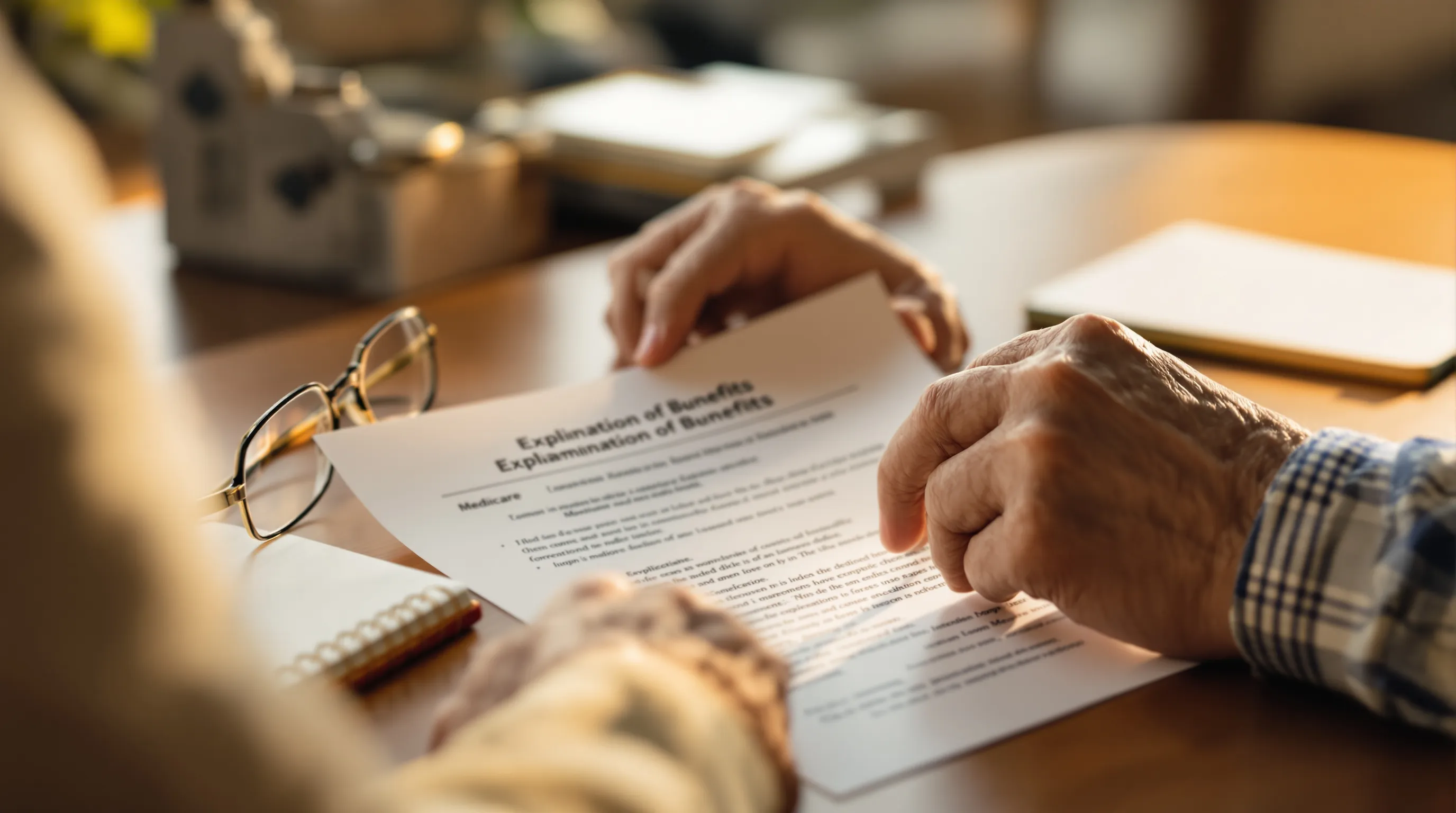 Senior reviewing Medicare Explanation of Benefits dialysis billing statement